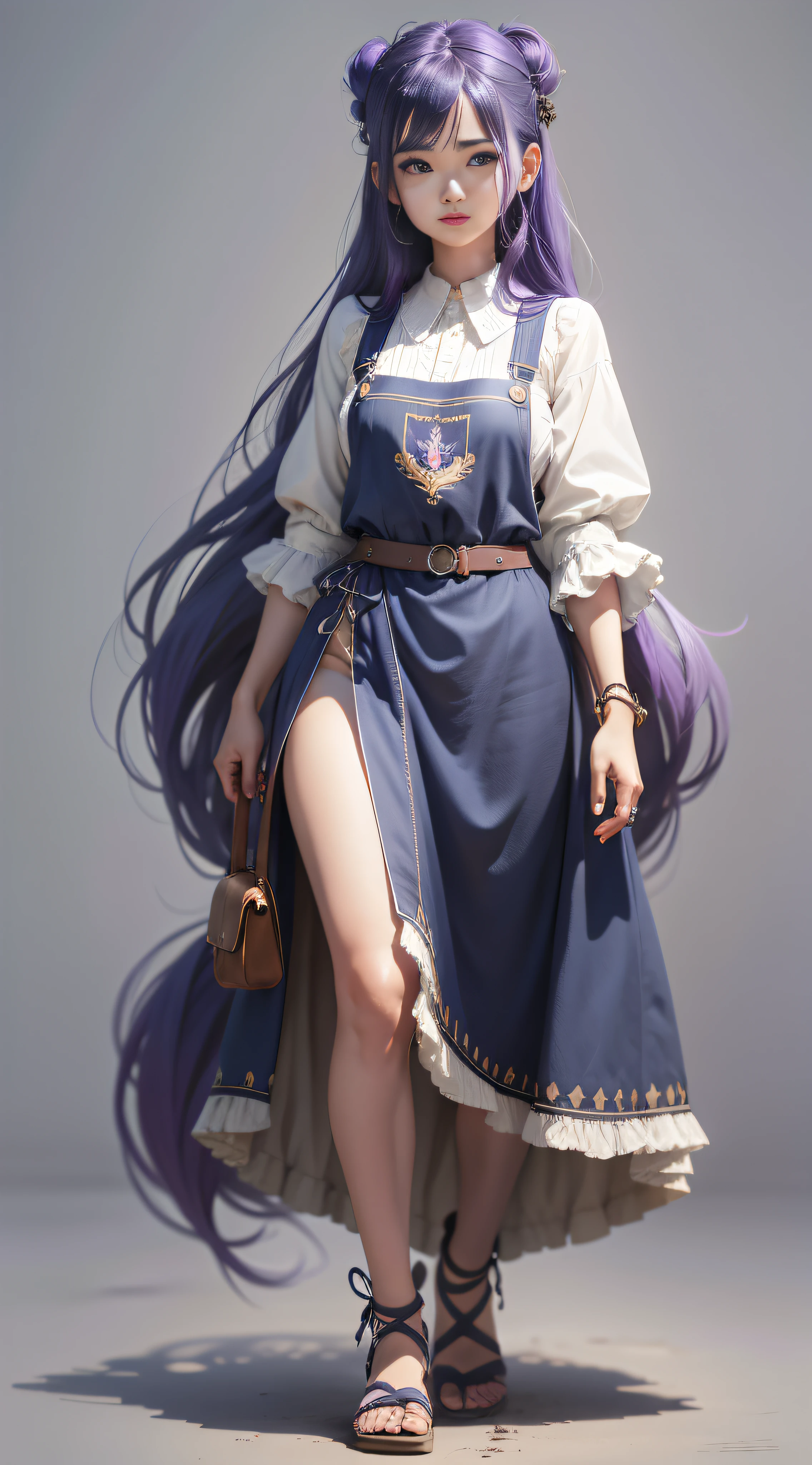 Concept Art, Full Body, Real Person, Young, White Skin, Wisps of Head Angle, Funny to Wear, Somali Grandmother Dark Blue Pinafore, Purple Hair Styling for Long Hair, High Resolution, [(Willie Baumeister's Art: 1.1), (John T. Biggs' Art: 1.2): : 17], Official Art, Unity 8k Wallpaper, Ultra Detailed, Aesthetics, Masterpiece, Best Quality