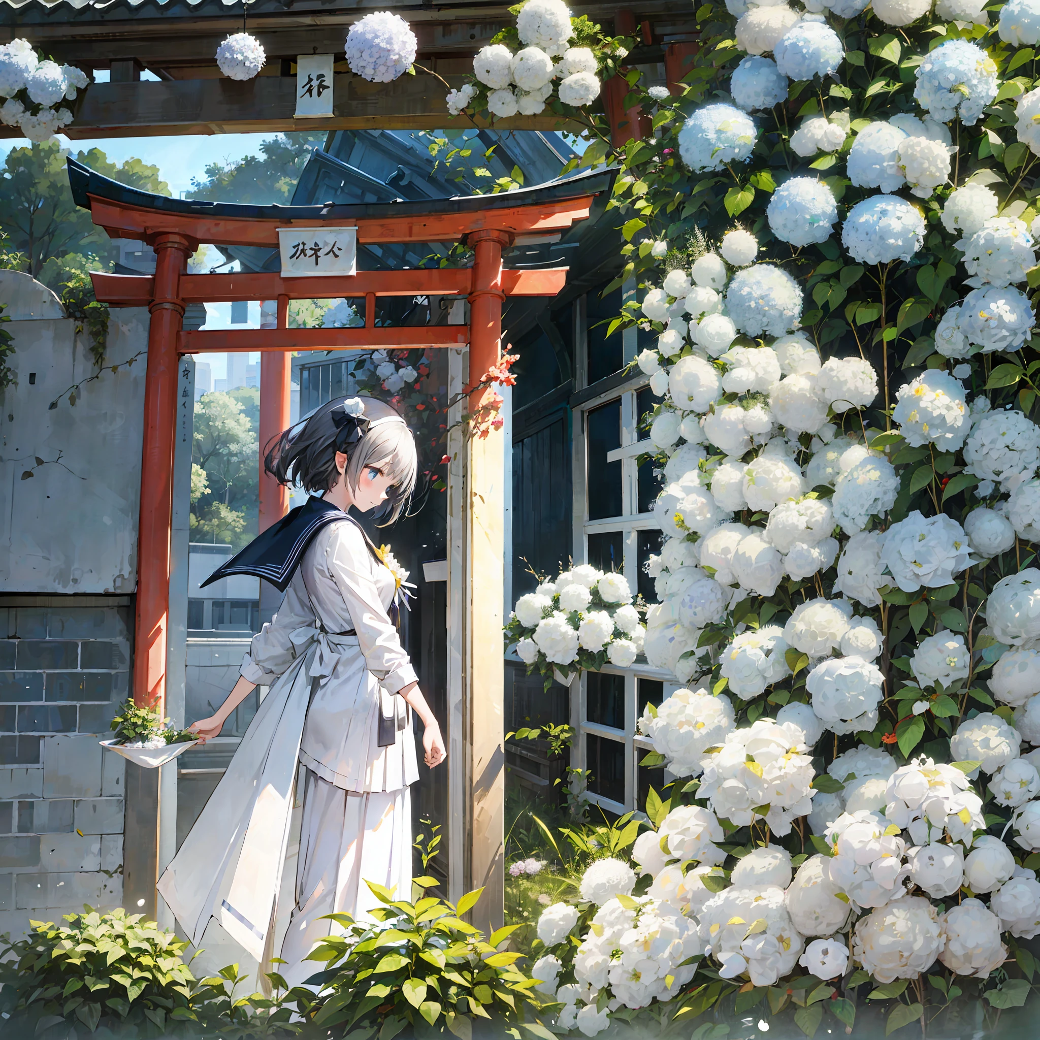 schoolgirl, solo, uniform, morning sun, white hydrangea, torii, from above, illusion, --auto --s2