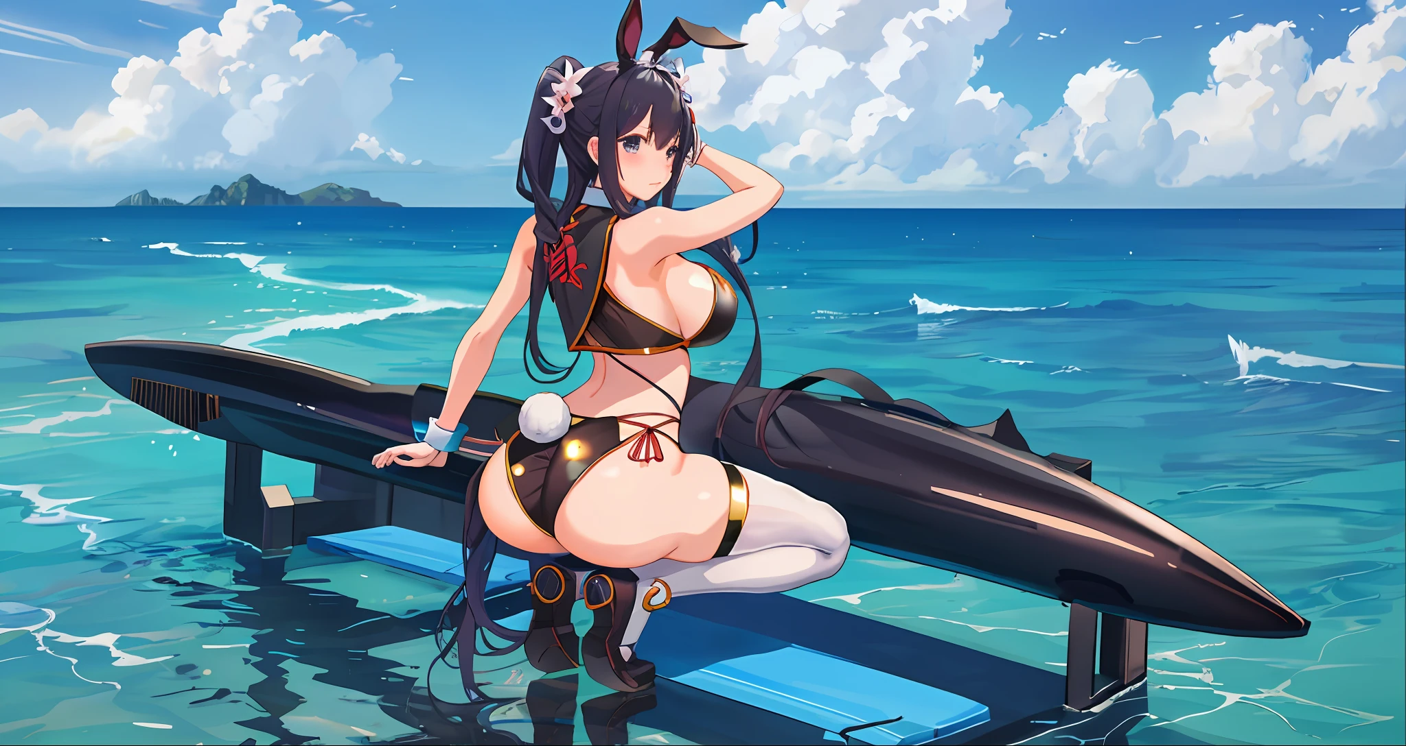 Anime girl with very big breasts and very big ass, full body Xianxia, small curvy , (pov),(behind head), {spread legs}, bow-leggedness, (squatting),Crab crotch, pixiv3dcg,, negative, long black hair, bunny girl, (thighhigh), pixiv, Ecchi, Otporro Potion, Full Body Commission Four, On the Sea, Top Rated on pixiv, Ecchi Anime Style, Seductive Anime Girl, pixiv