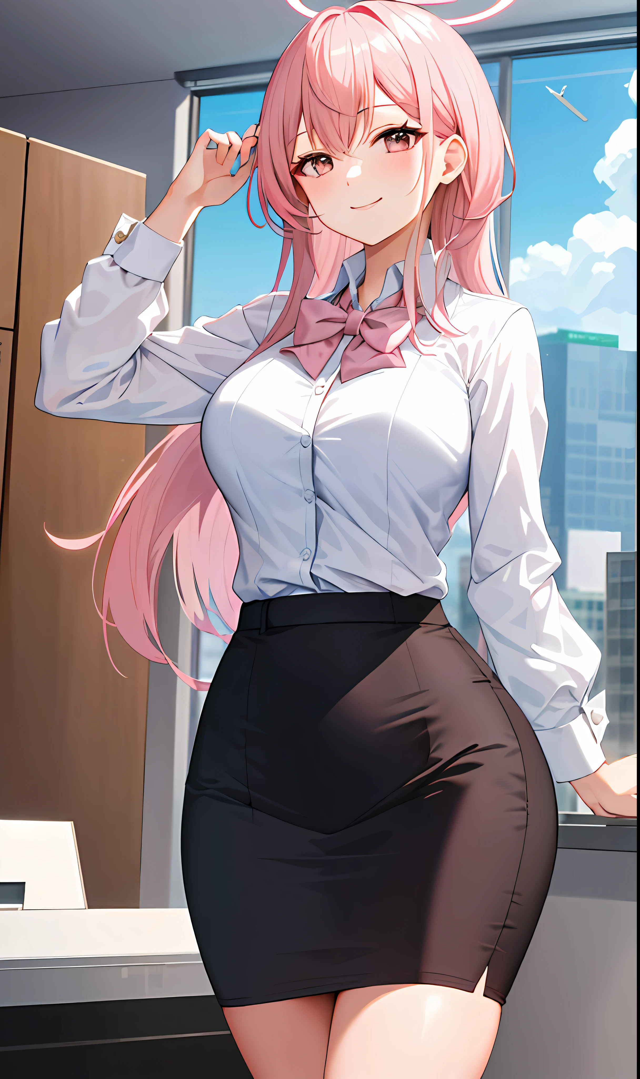 ((masterpiece, best quality)), (1girl),((mature female)), lightpink hair, halo, horn, ((office lady )),bangs,middle breast,(busty),slim,smile, [wide hips],office,standing, aru \(blue archive\),
