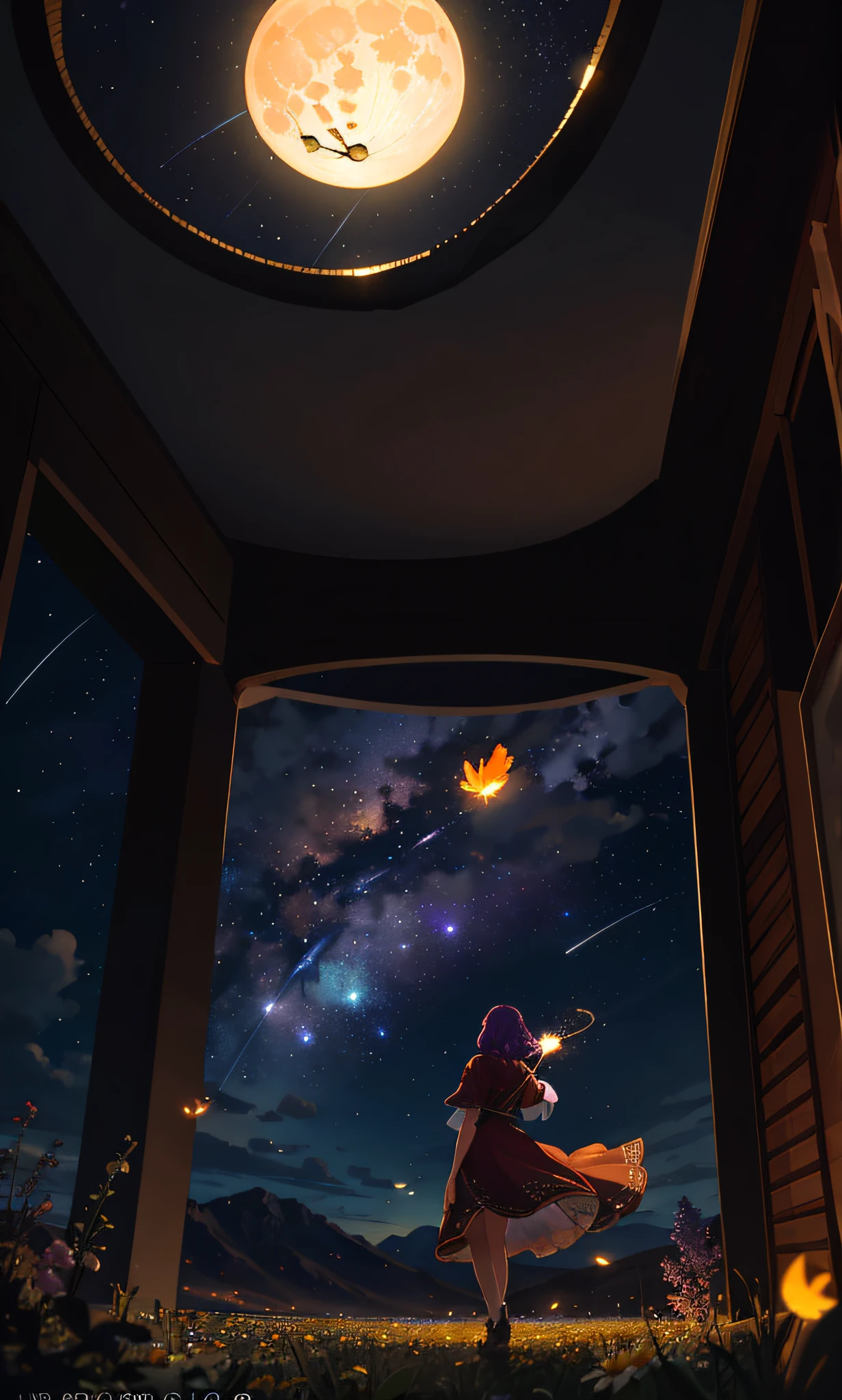 Vast landscape photo, (viewed from below, the sky is above and the open field is below), a girl standing on a flower field looking up, (full moon: 1.2), (meteor: 0.9), (nebula: 1.3), distant mountains , Trees BREAK Crafting Art, (Warm Light: 1.2), (Fireflies: 1.2), Lights, Lots of Purple and Orange, Intricate Details, Volumetric Lighting, Realism BREAK (Masterpiece: 1.2), (Best Quality), 4k, Ultra-Detailed, (Dynamic Composition: 1.4), Very Detailed, Colorful Details, (Rainbow Colors: 1.2), (Glow Lighting, Atmospheric Lighting), Dreamy, Magical, (Solo: 1.2)