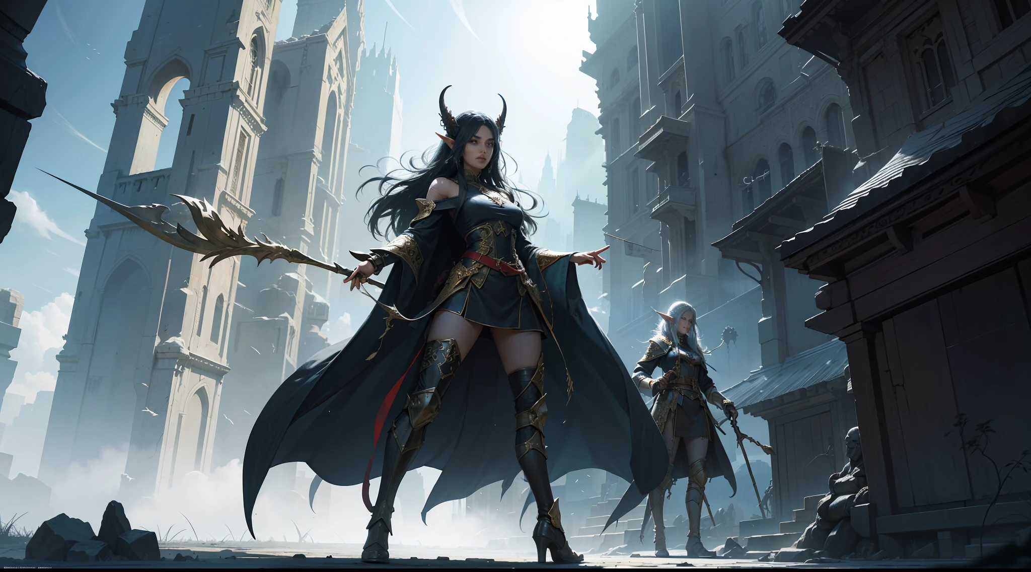 ((Best quality)), ((masterpiece)), (highly detailed:1.3)3D,tanjoreai , Amidst a realm of enchantment and mythical wonders, tales of (heroes:1.1) and (heroines:1.2) unfold. In this realm, ancient prophecies foretell the rise of a chosen champion destined to confront a malevolent force threatening to plunge the world into eternal darkness. The path to victory lies scattered across exotic and otherworldly landscapes, from mist-shrouded forests to towering crystalline peaks and (ethereal floating islands:1.1).Harnessing the arcane arts, (mighty wizards:1.1) conjure spells that weave intricate patterns of magic, while (elven archers:1.1) unleash arrows infused with ancient power. (Dwarven smiths craft legendary weapons:1.1) imbued with the essence of mythical creatures, capable of vanquishing even the most formidable foes.The heroes embark on a perilous quest, guided by ancient scrolls and cryptic riddles. Along their journey, they encounter wise mystics, shape-shifting creatures, and (mysterious sorceresses:1.1) who possess forbidden knowledge.As the heroes traverse the realms, ancient ruins and forgotten temples reveal long-lost secrets and powerful artifacts. The clash of steel and the crackling of (magical energies:1.1) echo through ancient battlegrounds, as the destiny of the world hangs in the balance. The heroes must summon unwavering courage, unwavering unity, and unlock their true potential to overcome seemingly insurmountable odds and fulfill their heroic destinies.In this realm of high fantasy, where the realms of magic and technology intertwine, where legends are born and (epic:1.2) sagas unfold, where heroes rise and villains fall, embark on a grand adventure that will captivate the imagination and transport you to a world where anything is possible,HDR (High Dynamic Range),Ray Tracing,NVIDIA RTX,Super-Resolution,Unreal 5,Subsurface scattering,PBR Texturing,Post-processing,Anisotropic Filtering,Depth-of-field,Maximum clarity and sharpness,Multi-layered textu