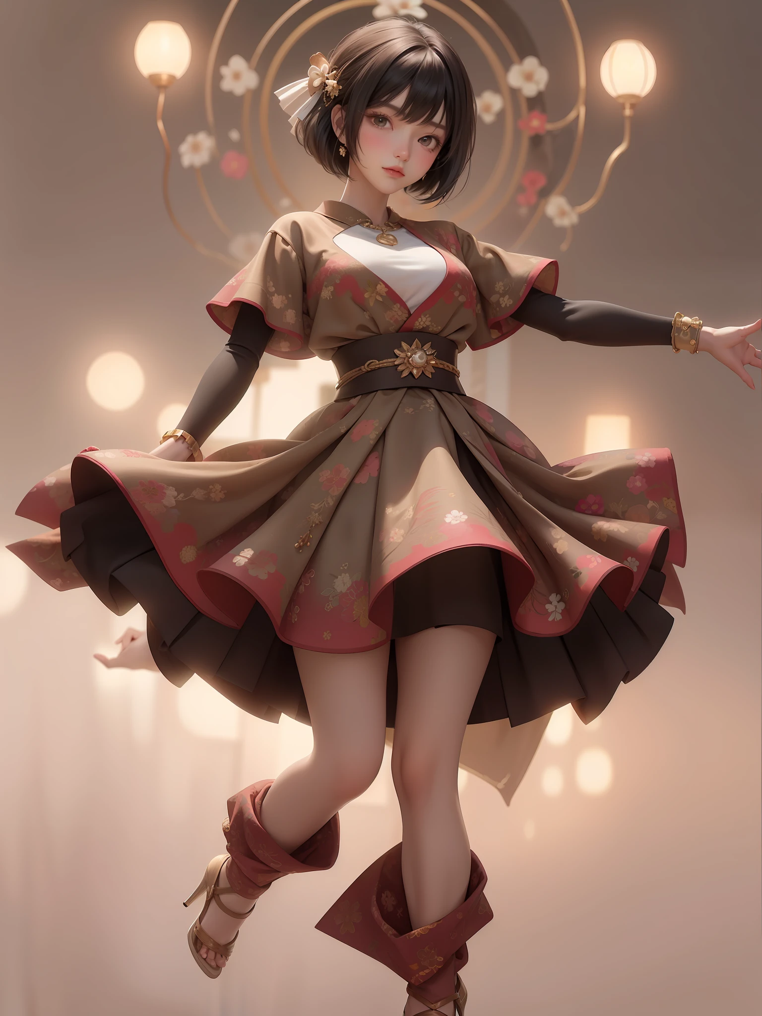 (Best Quality, 8k, 32k, Masterpiece, UHD: 1.2), Cute Japan Woman Pictures, Big, Very Short Bob Hair, Full Body, Shoes, Pulling Up Hair With Both Hands, A Little Distance, Decorated Costume, High Heels, Skirt, Slender, Toned, Western, Gorgeous, Face Focus, oversized_sweater, Necklace, Simple Background, From Top, Watch the Viewer, Hands correctly