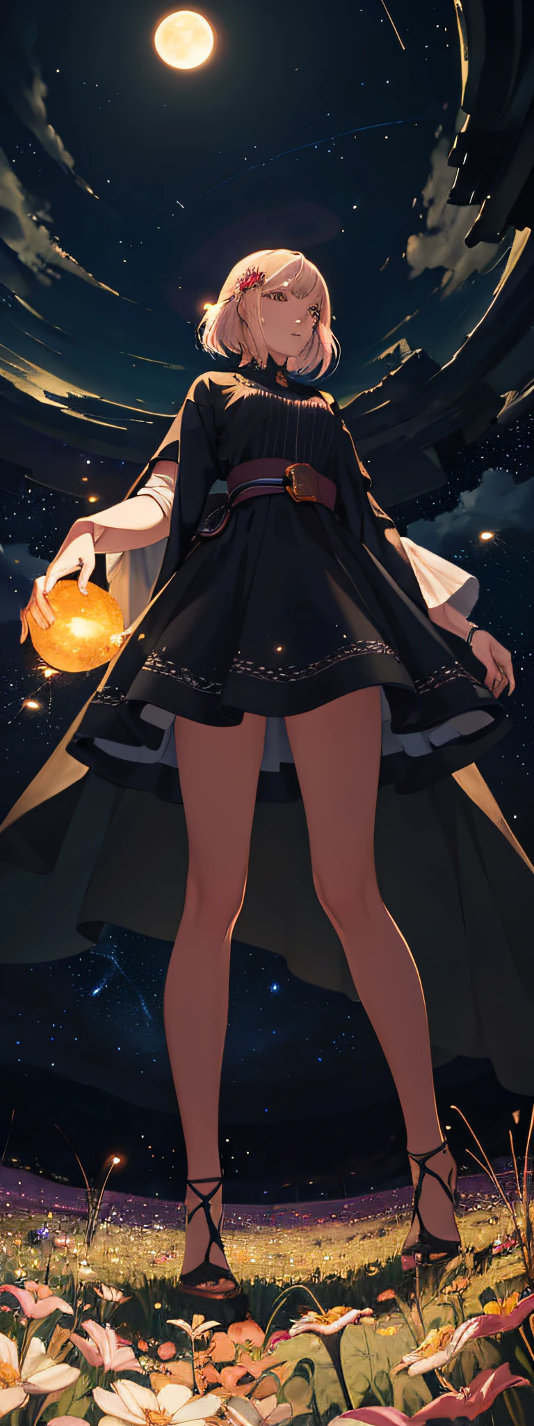 Vast landscape photo, (viewed from below, the sky is above and the open field is below), a girl standing on a flower field looking up, (full moon: 1.2), (meteor: 0.9), (nebula: 1.3), distant mountains , Trees BREAK Crafting Art, (Warm Light: 1.2), (Fireflies: 1.2), Lights, Lots of Purple and Orange, Intricate Details, Volumetric Lighting, Realism BREAK (Masterpiece: 1.2), (Best Quality), 4k, Ultra-Detailed, (Dynamic Composition: 1.4), Very Detailed, Colorful Details, (Rainbow Colors: 1.2), (Glow Lighting, Atmospheric Lighting), Dreamy, Magical, (Solo: 1.2)