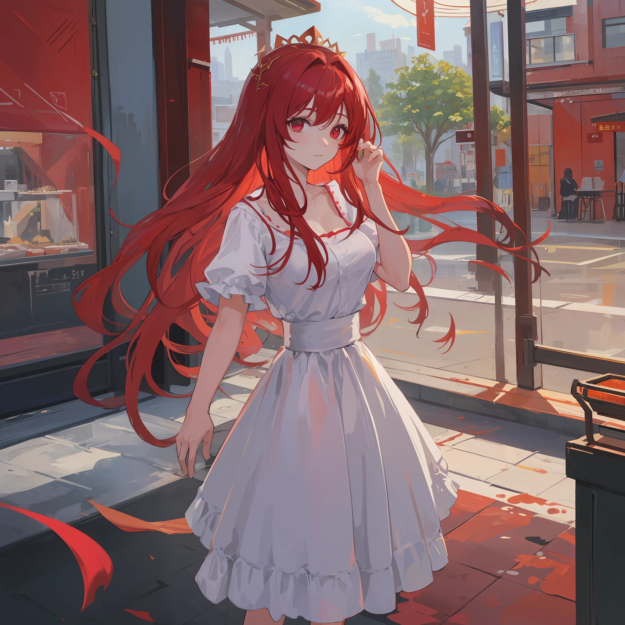 A queen of heaven, red flowing hair, red sharp eyes wearing casual cafeteria clothes, standing outside cafetaria still thinking