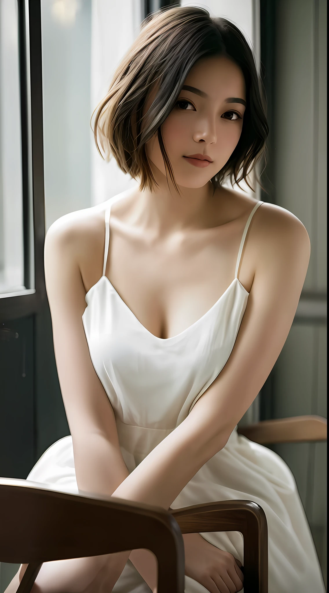 Stunning close-up portrait of a young and beautiful woman with RAW, analog style and impressive features. She should have long, flowing hair, a seductive gaze, and an attractive look. The background is neutral and simple, allowing the woman to be the focal point of the image. Pay attention to details, such as highlights and shadows on her face and hair, to create realistic and realistic images. Experiment with different lighting techniques to enhance the mood and atmosphere of your portrait. The final product should be a masterpiece that captures the essence and beauty of women ((very detailed skin, skin details)), Sharp Focus, Volumetric Fog, 8K, UHD, DSLR, High Quality, Film Grain, FUJIFILM XT3, White Sleeveless Dress, Hemp Dress, Short Hair, Tousled Hair, Antique Cafe Chair, Little Smile, Outside the window: rain, crowd, night, evening, warm lights, dark lights