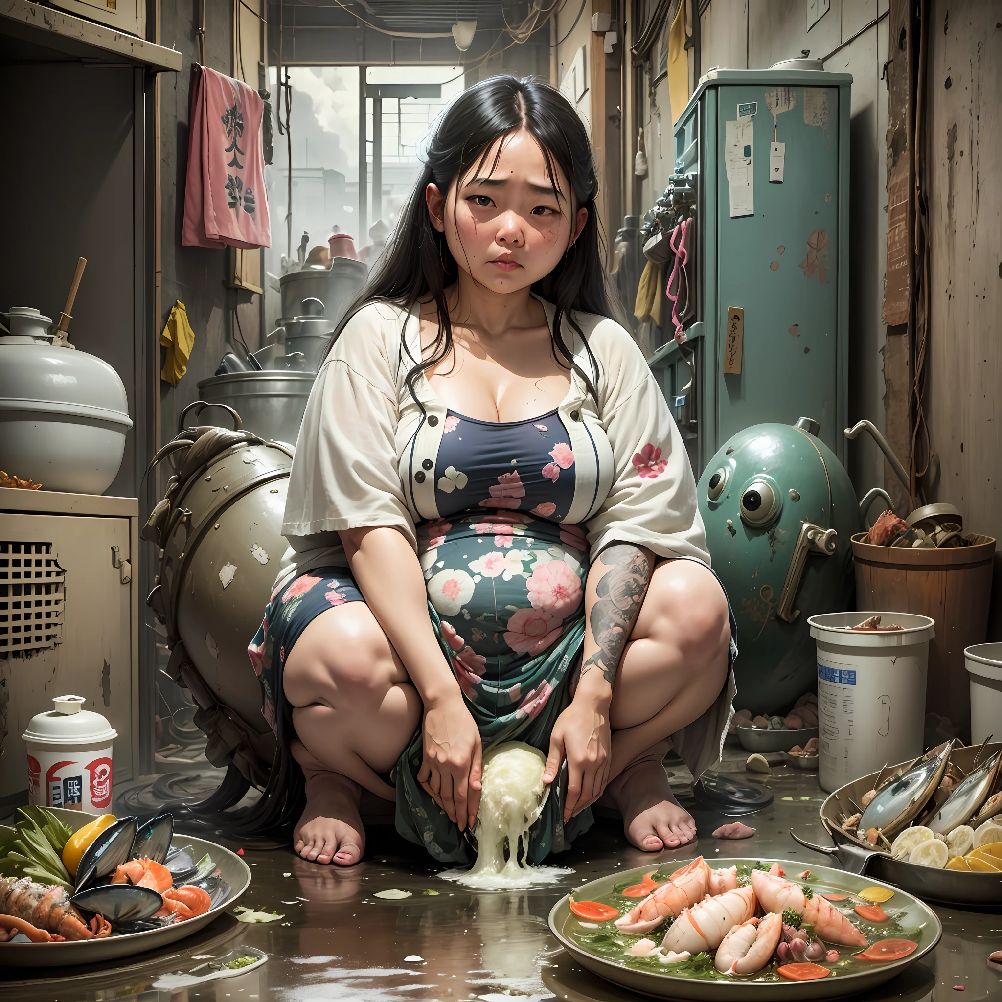 A woman's room with a lot of rotting seafood scattered in cloudy sewage, fat woman in her twenties Japan with her face distorted by the stench and endured nausea --auto --s2