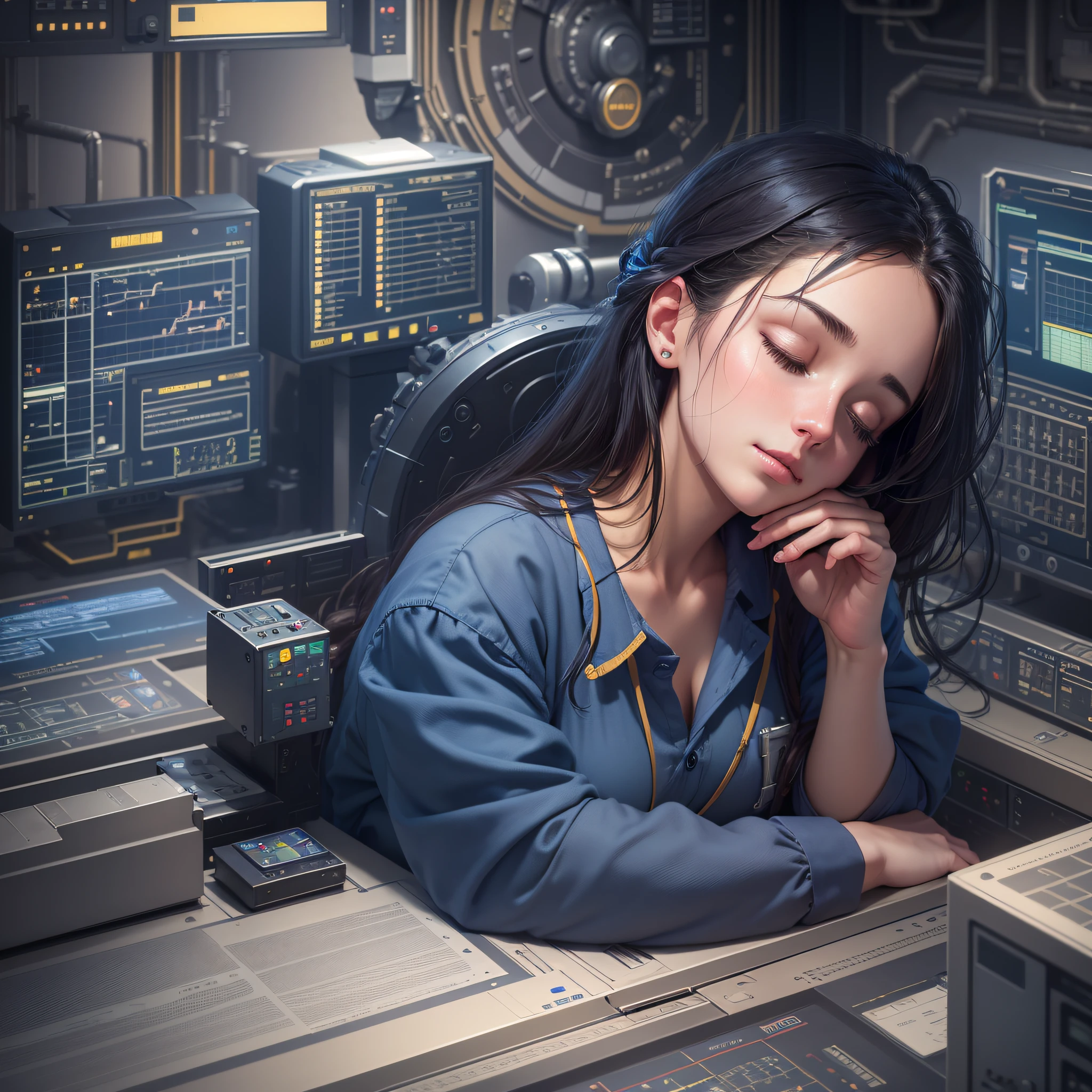 Masterpiece, top quality, high quality, highly detailed CG, very detailed, complex, high detail, nuclear power plant operation room, very one beautiful young woman in dark blue work clothes, one person, sleeping face down on the control panel, towards the person with an adorable sleeping face simmer --auto --s2