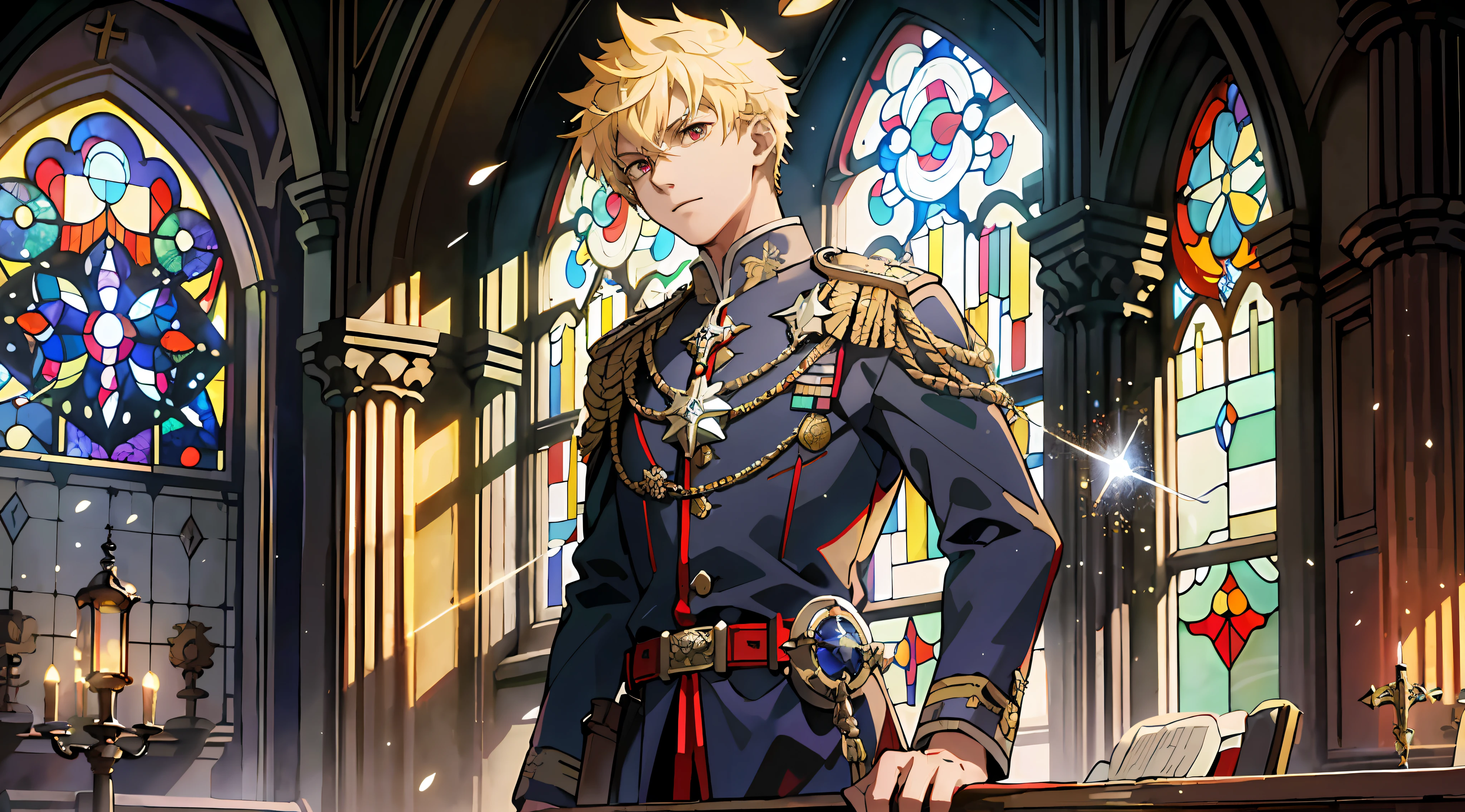 ((Masterpiece: 1.4, Best Quality)), (Church: 1.2), (Stained Glass: 1.3), 1 Male, Handsome, Pillar, Sky Cover, (Blonde Spiked Hair)), Red Eye, Delicate Hair, Military Uniform, (Light particles), (Moonlight Streaming Through the Window), Dark Atmosphere, (Behold : 1.3), Cowboy Shot