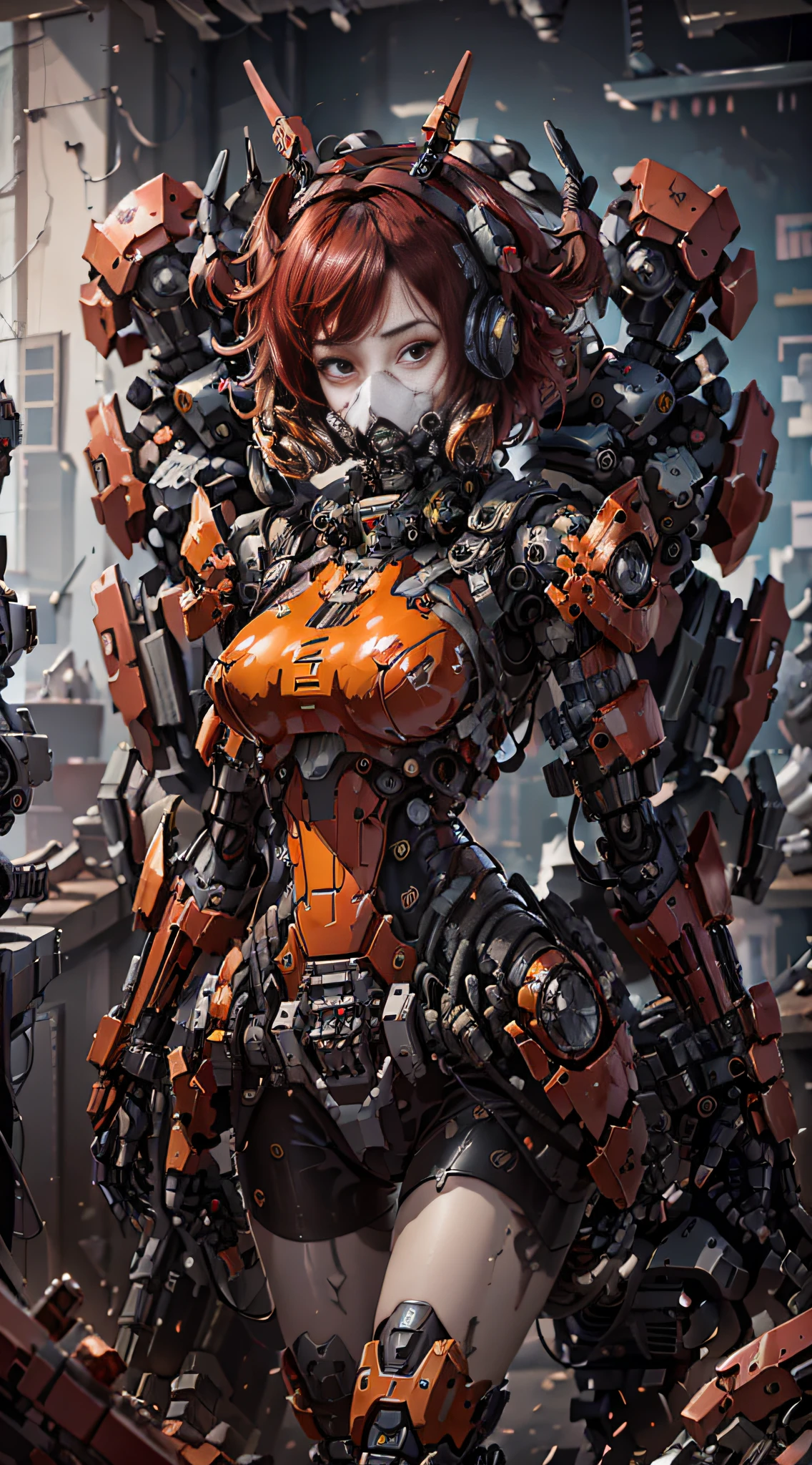 This is a hyper-detailed, high-resolution and top-quality CG Unity 8k wallpaper in cyberpunk style, predominantly red. In the picture, a beautiful girl with red messy short hair appeared, wearing red clothes, delicate face, wearing a steam mecha mask, standing on the ruins, behind her is a huge robot,