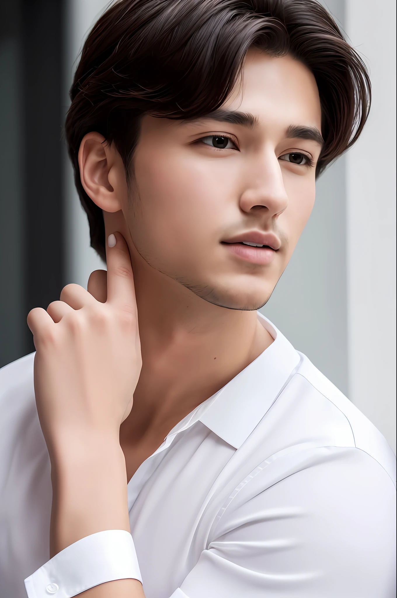 (8K, HDR, Hi-Res), (((Photography, RAW Photography, Hyperrealism, Masterpiece, Best Quality, Ultra High Definition)))), (Pin Light, Backlight, Backlight, Cinematic Light), Sharp Focus: 1. 4, (hyper detail, fine detail), (masterpiece, super quality, high resolution, 8k, complex: 1.2), (detailed face: 1.2), (wearing a white shirt: 1.5), handsome, detailed skin, pores, absurdity, lump, 1 boy, male focus, (realistic)), good lighting quality, delicate body, hallyu idol, ((pale skin)), bend, balanced eyes, brown eyes, smile, white teeth, smooth hair