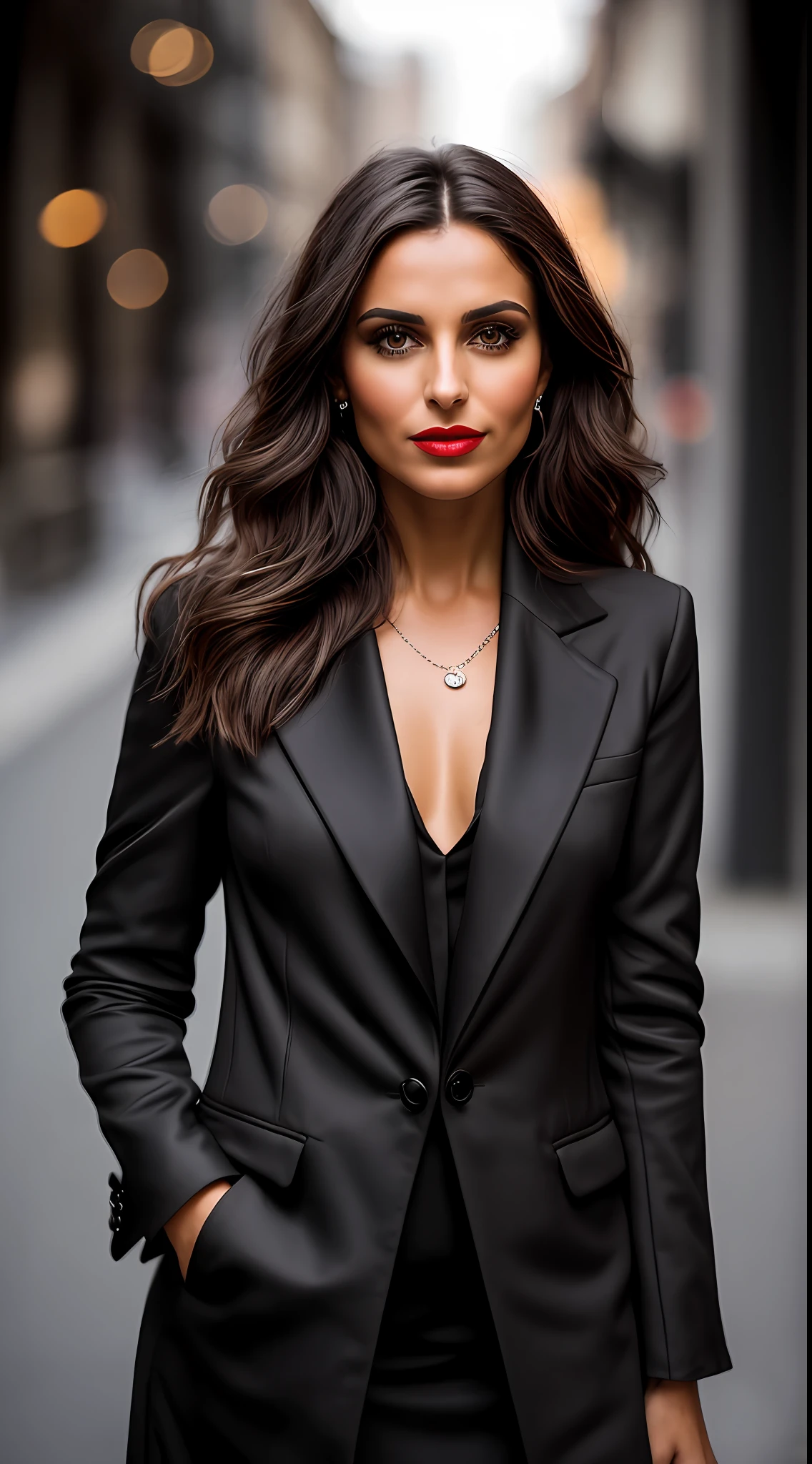 Dark and gloomy, 8K, photo (close-up) of an extremely beautiful 30-year-old brunette Brazilian CEO on a dark and gloomy street at night in the background, (realistic straight dark brown hair on the shoulder), makeup, red lips, dark eyes, (chanel black black closed tailoring blazer), (elegant black dress inside the coat), (closed clothes), archetype of the ruler, front vision, looking seriously at the audience, dynamic pose, hyper realistic,{extremely beautiful olive skin}, (highly detailed skin: 1.2) {{{masterpiece}}}, realistic texture, dynamic composition, Fujifilm XT2, 85mm F1.2, shutter speed 1/80, (bokeh), high contrast