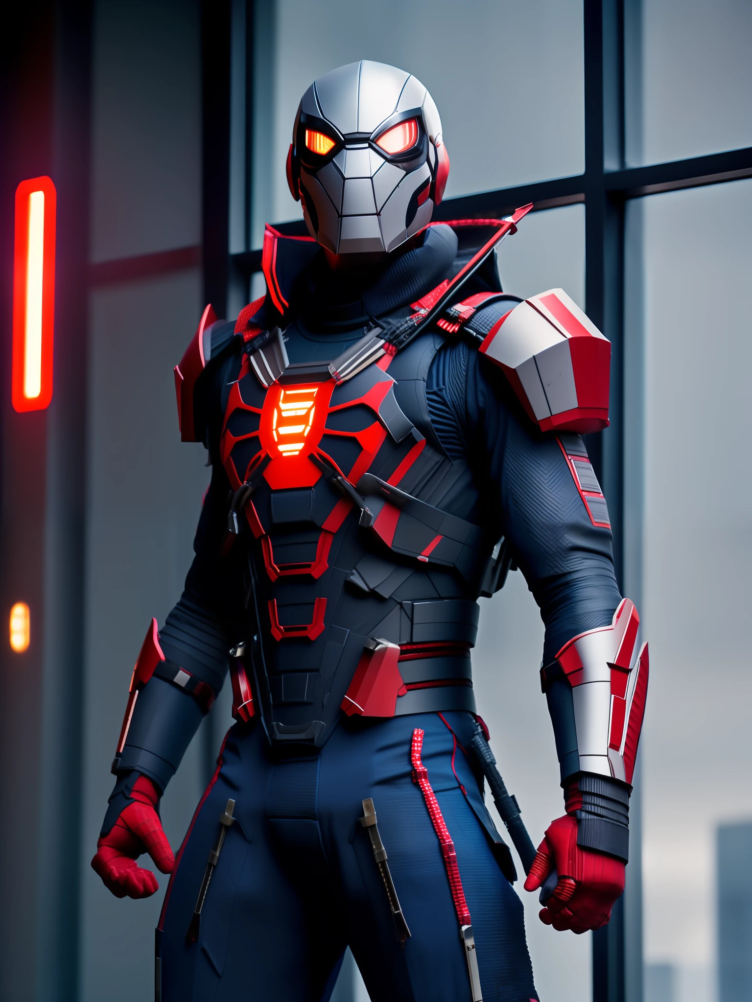 Award-winning photo of Spider-Man The Samurai, Full Body, Spider-Man costume with red details, (red eyes: 1.35), square chin, asymmetrical face, standing in front of a window on a spaceship, 80 mm, bokeh, mass effect, close-up, fking_cinema_v2