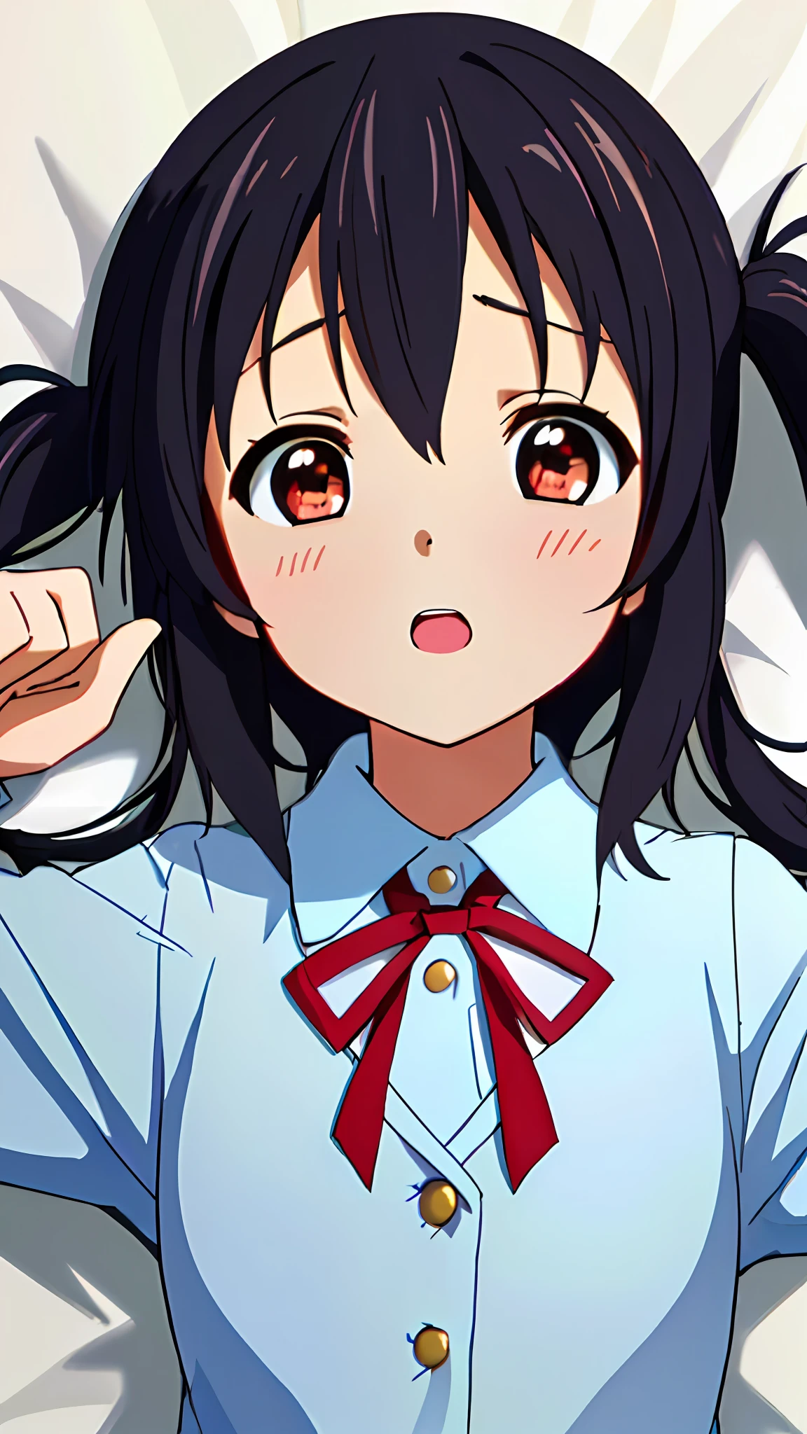 1girl, ((((Masterpiece))), Best Quality, Best Quality, High Detail, Azusa Nakano, 1girl, Sakuragaoka High School Uniform, Musical Instrument, School Uniform, Twin Tails, Long Hair, Black Hair, Brown Eyes, Solo, Red, Dark blue blazer with a thin ribbon of red, Solid white button shirt under blazer, Illustration, Cartoon, Soothing tones, Muted colors, Soft cinematic light, Adobe Lightroom, Photo Lab, HDR, complex and highly detailed, (((depth of field))))). (((Masterpiece))). (((highest quality))).) ((super detail))). (((Illustration))). (((Outside))). (((fighting stance))).,(((Lying down))).dynamic focus.small breasts.. (((Face of sadness))). Open mouth.Close your eyes.Spread your arms.Ground.Lie on your back.