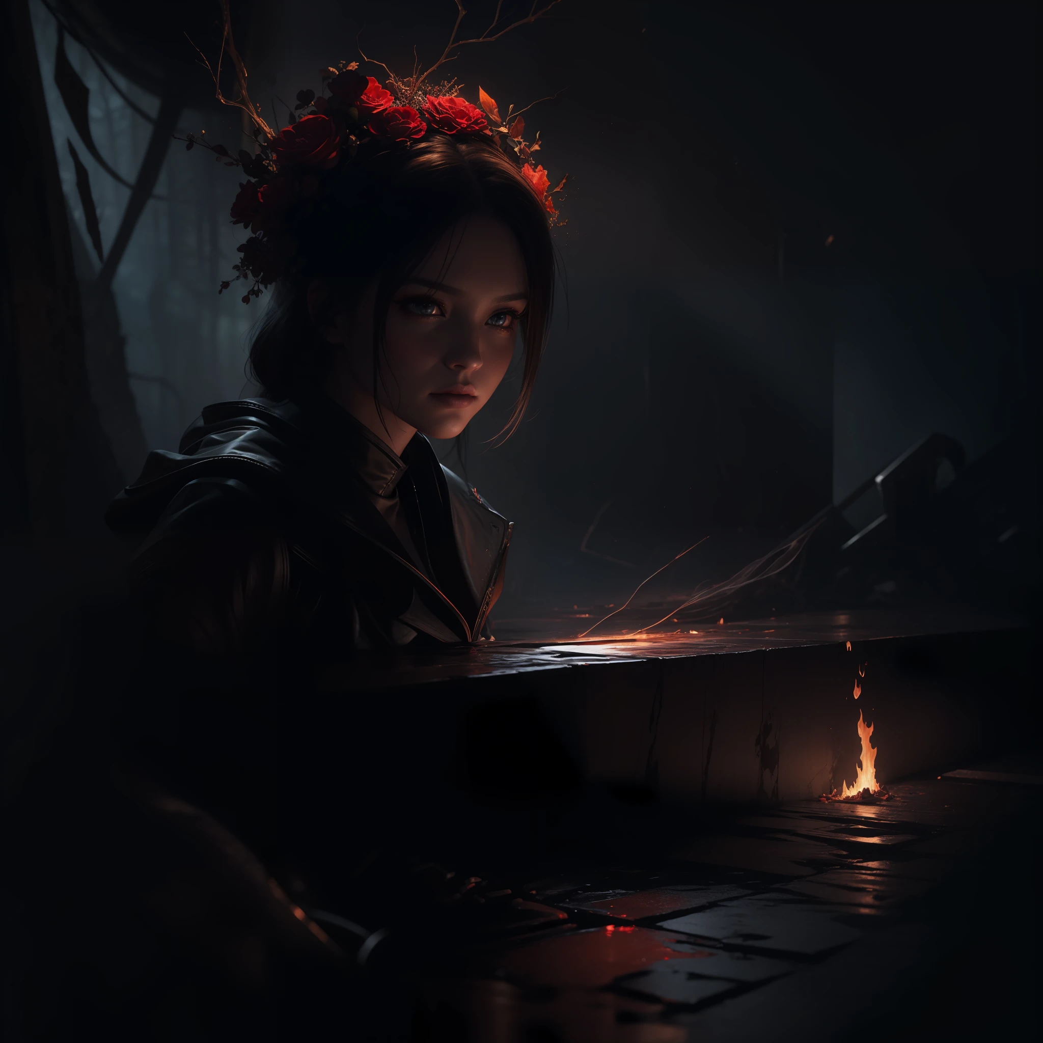 (masterpiece, epic quality, epic realism, ultra resolution, unity 8K photo, epic detail: 1.1), (blood magic: 1.2), 1girl, young dark Sorceress, intricate details, the most beautiful form of chaos, (blood whirlwind, ash rain), intricate details, ash flowers, water splashes, fire, rim lighting, soft lightning, (professional photography, photorealism, hyperrealism), ray tracing, HDR