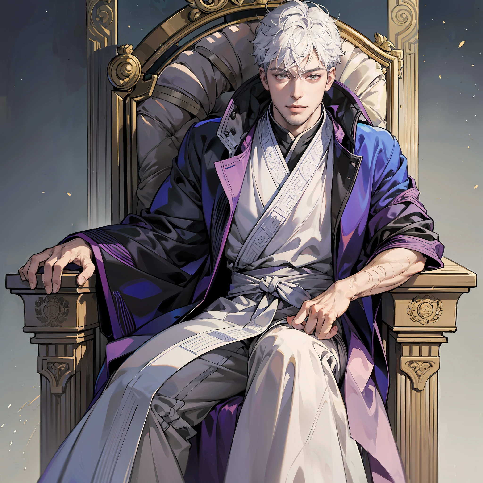 (open image) (jujutsu kaisen style), (line art:1.5), (1 men:1.3), ((color)), mature man, royal robes, crown on his head, low beard, white hair, (masterpiece, sentadd on the royal throne, sadistic smile, exaggerated expression,superior quality, best quality), well detailed strokes, extremely detailed background, good composition, good anatomy, perfect lighting, good shading, (realistic:1.3), --auto --s2