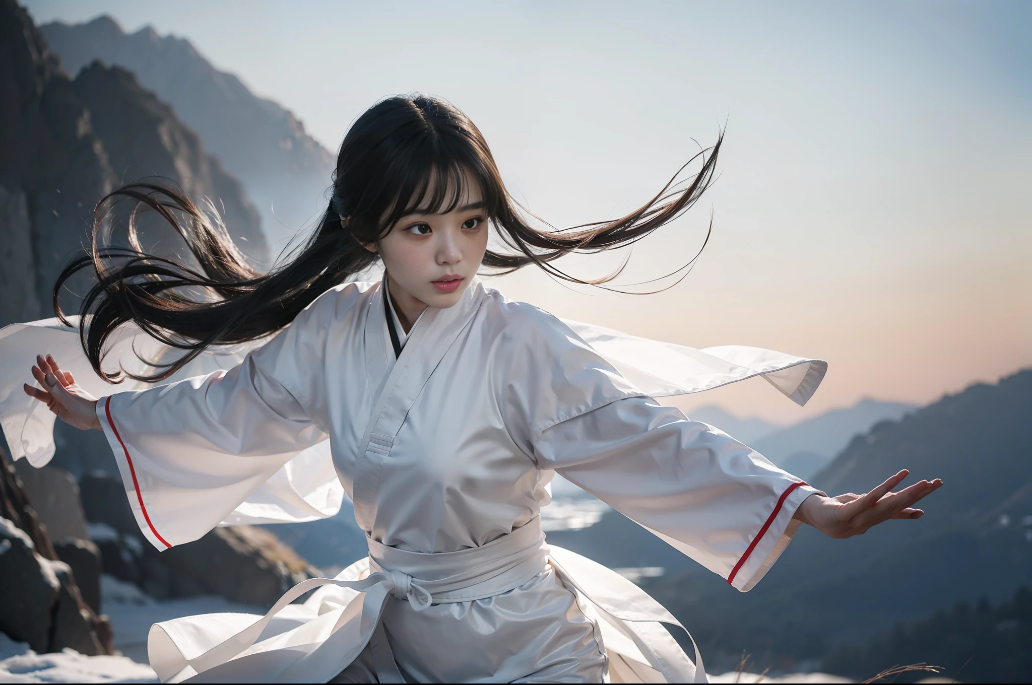 Beautiful Chinese woman with long black hair, dressed in white Hanfu robe practicing martial arts in heavy snow, big vista, long shot, exquisite facial details, style influenced by ancient Chinese art, photo realism, high-end - ar 3:2 - q 5 - v 5.1 - style raw - s 750, (Karate Hand: 1.9), (Kung Fu Master: 2.9), Body Flying in the Air Body Off the Ground, Mountain Top, Shunguang (Sunlight on the Body: 1.3), Hair Blown Up and Scattered by the Wind, (Winter Mountain: 1.2), (Heavy Wind: 1.1), (Strong Wind: 1.5), (Strong Wind: 1.5), (Eye Contact: 1.2), Front Hair Bangs, Intricate, High Detail, Sharp Focus, Dramatic, Photorealistic Painting Art