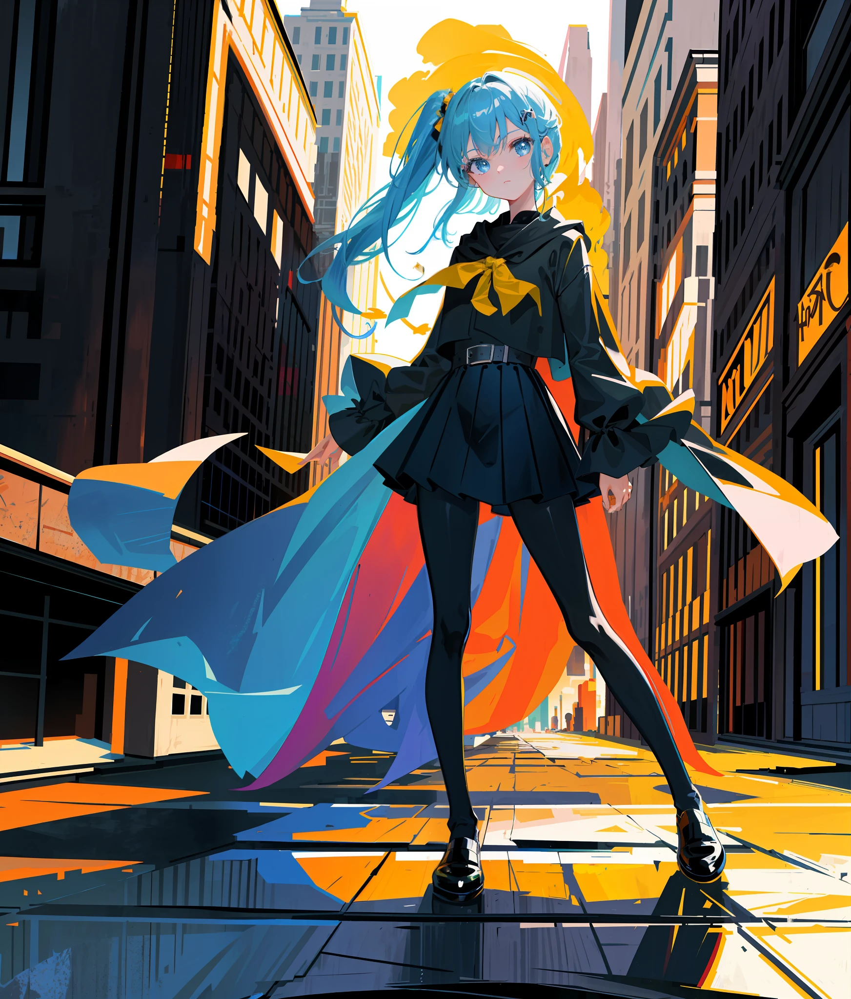 (Solid color: 0.9), (Color: 1.1), (Masterpiece: 1, 2), Best quality, Masterpiece, High resolution, original, extremely detailed wallpaper, looking at the viewer, 1girl, background with sunset, cape