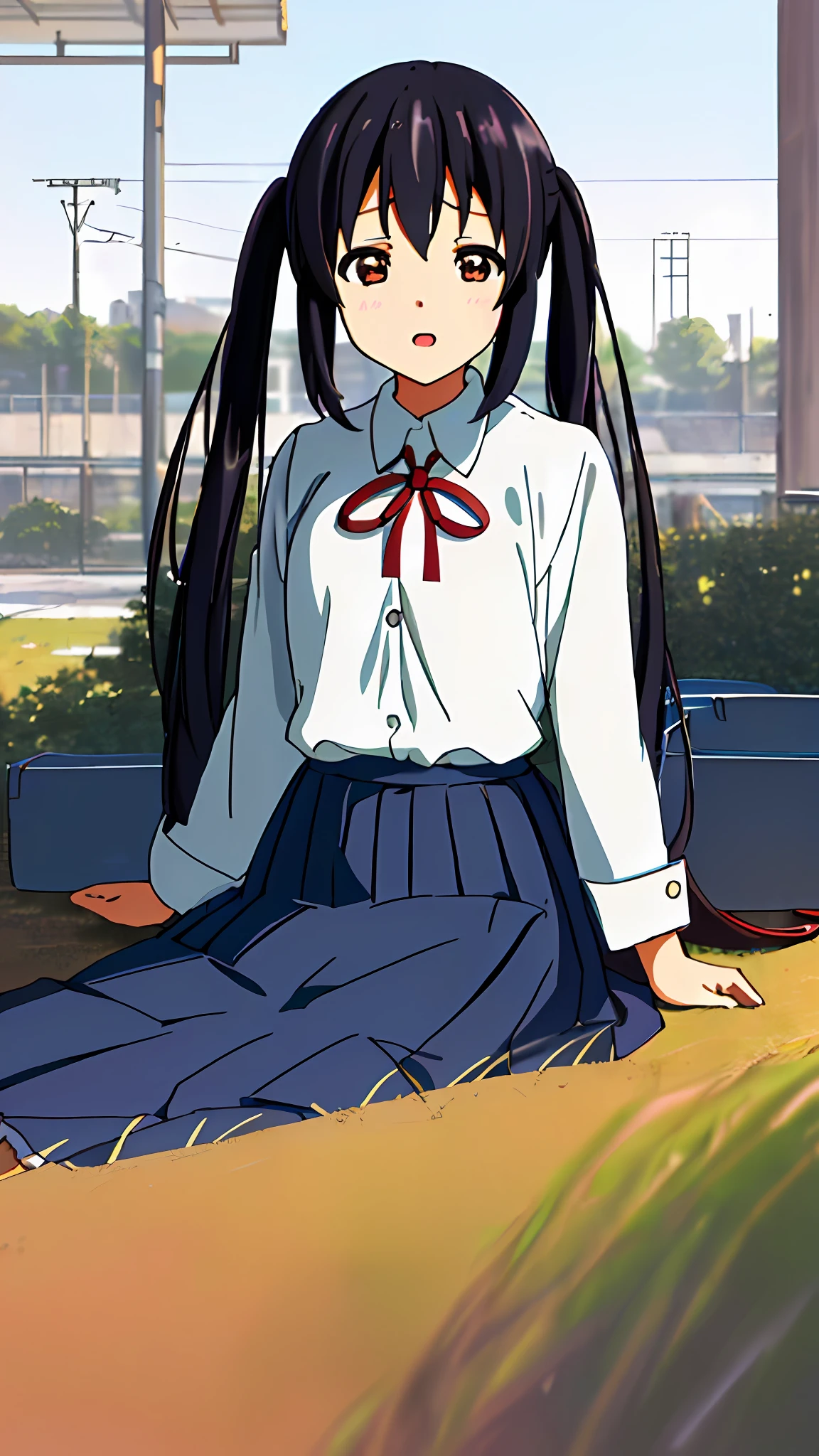 1girl, ((((Masterpiece))), Best Quality, Best Quality, High Detail, Azusa Nakano, 1girl, Sakuragaoka High School Uniform, Musical Instrument, School Uniform, Twin Tails, Long Hair, Black Hair, Brown Eyes, Solo, Red, Dark blue blazer with a thin ribbon of red, Solid white button shirt under blazer, Illustration, Cartoon, Soothing tones, Muted colors, Soft cinematic light, Adobe Lightroom, Photo Lab, HDR, complex and highly detailed, (((depth of field))))). (((Masterpiece))). (((highest quality))).) ((super detail))). (((Illustration))). (((Outside))). (((fighting stance))).,(((Lying down))).dynamic focus.small breasts.. (((Face of sadness))). Open mouth.Close your eyes.Spread your arms.Ground.Lie on your back.