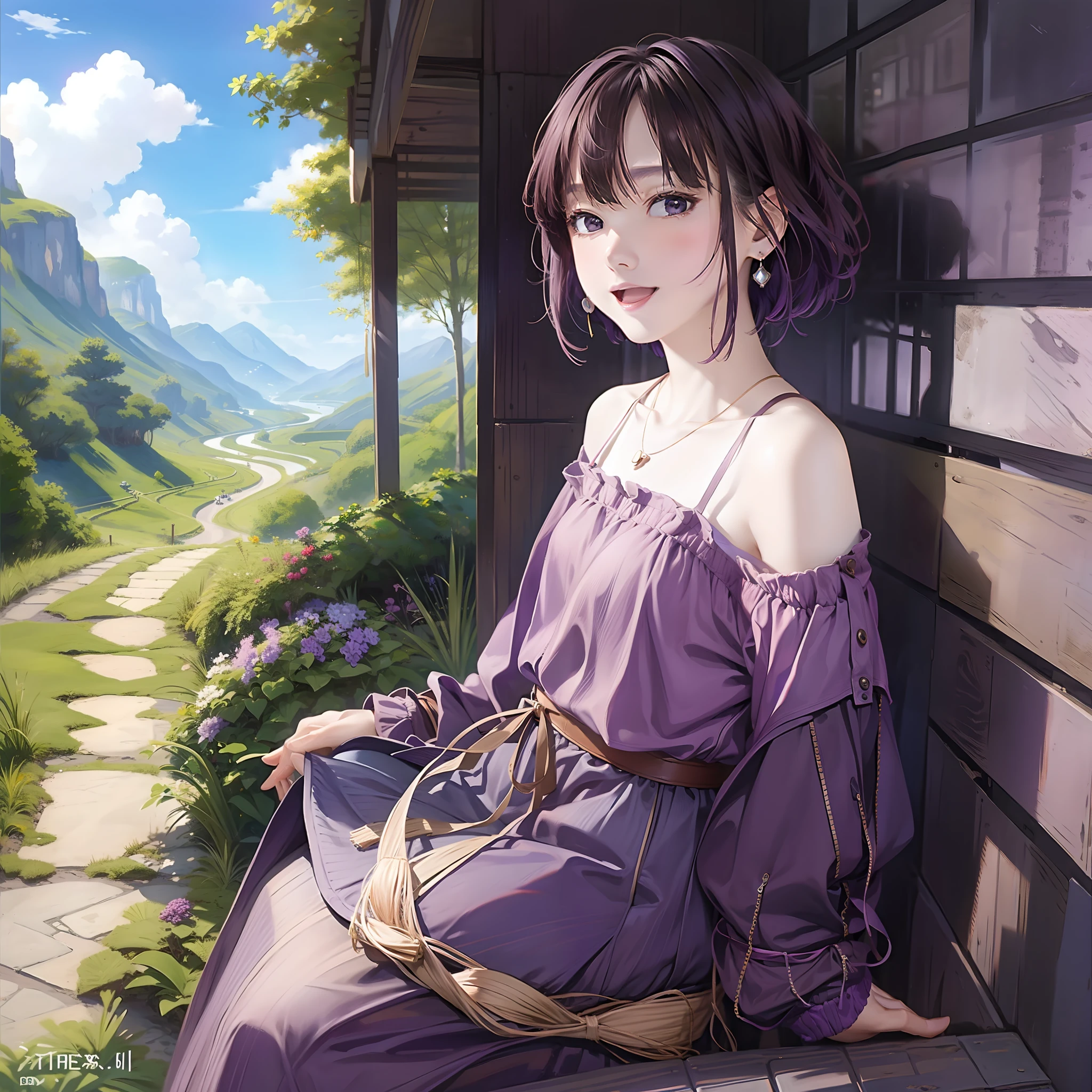 Masterpiece, Masterpiece, (1 woman: 1.8), (Wink: 1.6), Eggplant, Light purple skin, Open mouth, Small earrings, Small necklace, Summer morning, Ghibli, Valley, blue sky, light clothing