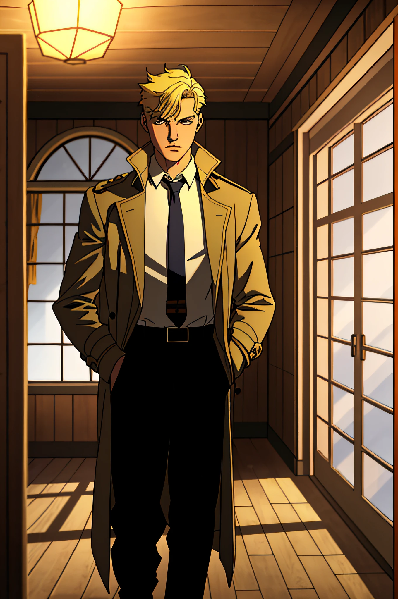 1boy, male focus, Teenager, interior of a cottage, night, solo, blonde hair, necktie, trench coat, coat, white shirt, night, ((masterpiece))