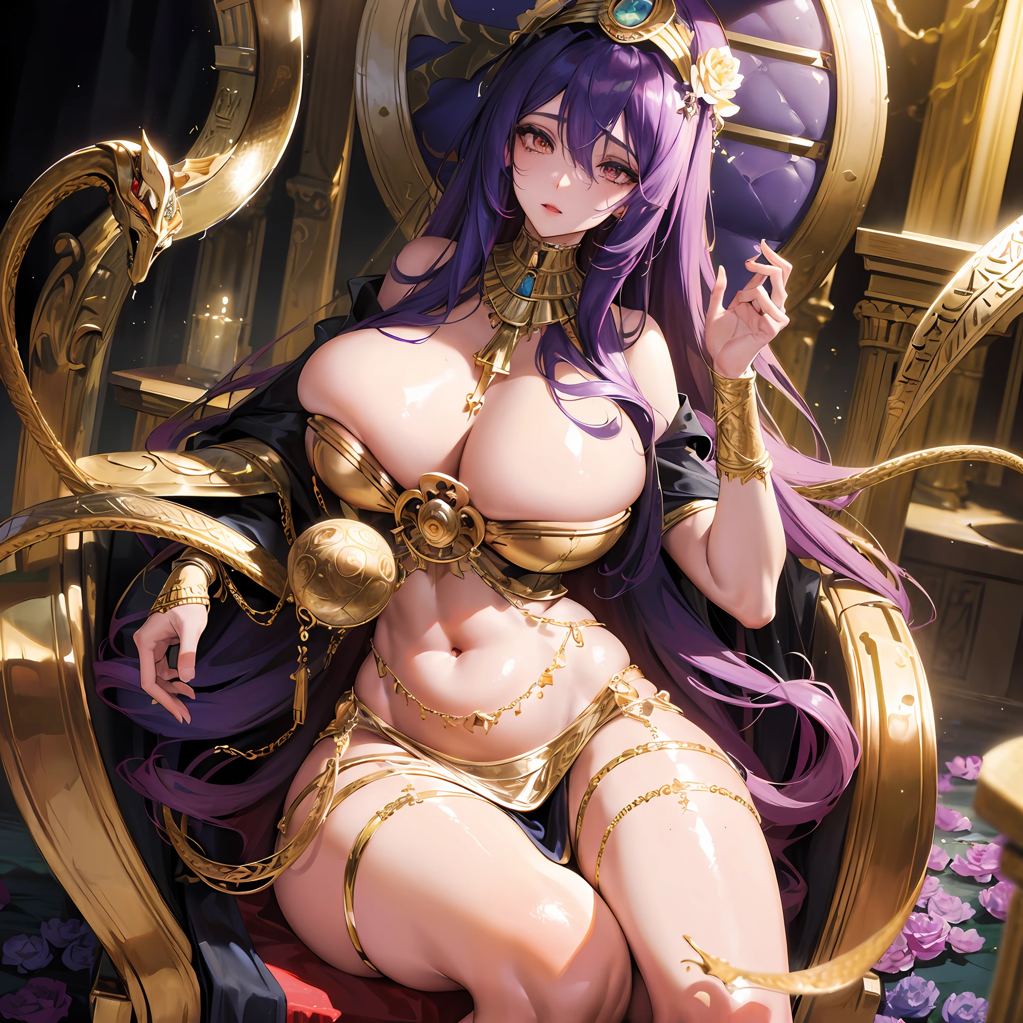 Isis, Egyptian goddess of life, goddess of magic, goddess of marriage, goddess of fertility, perfect woman, protector of the undead and young children, incarnation of the throne, immortality, powerful mage, witch grandmaster, incarnation of Sirius, goddess of rebirth and reincarnation, friend of slaves, mother of the great pharaoh, faithful wife, the first virgin, sitting on a gorgeous altar, holding a lotus flower, (majestic, dignified, holy), huge snake, purple curls, crying, (oversized breasts), plump, shiny skin, ( related to snakes), many exquisite Egyptian jewelry, Egyptian style, perfect flesh full of texture, natural rendering, captivating visual enjoyment, ((best quality)), half-body, (epic lighting), ((masterpiece)), maximum clarity, illustrations, (super detailed face), clear textures, ultra-high-definition detail display, excellent image performance, high-quality illustrations, perfect fit harmonious tones, deep lines, precise brush strokes, wonderful color schemes, intricate details