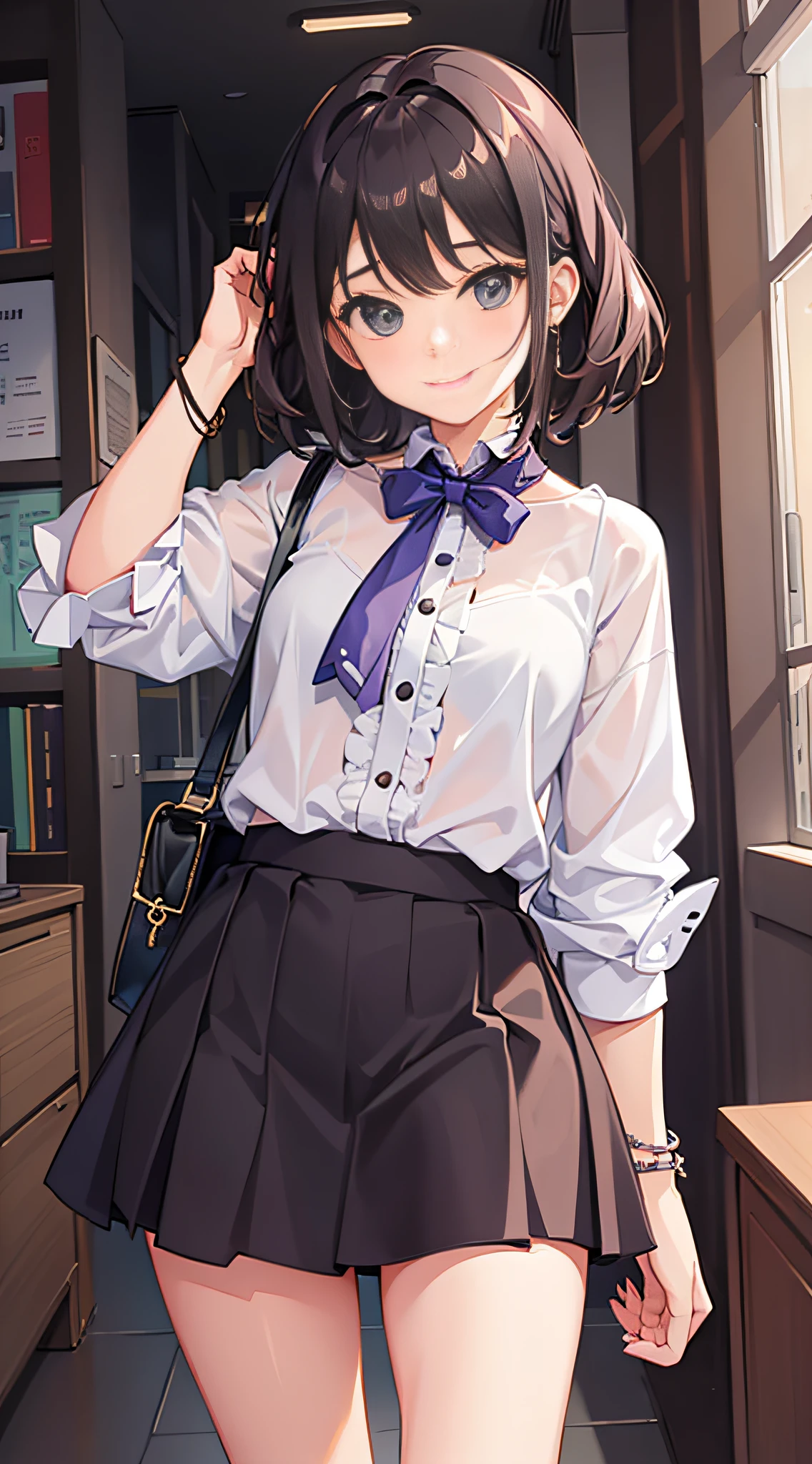 1 girl, smile, shirt, skirt, (small)
