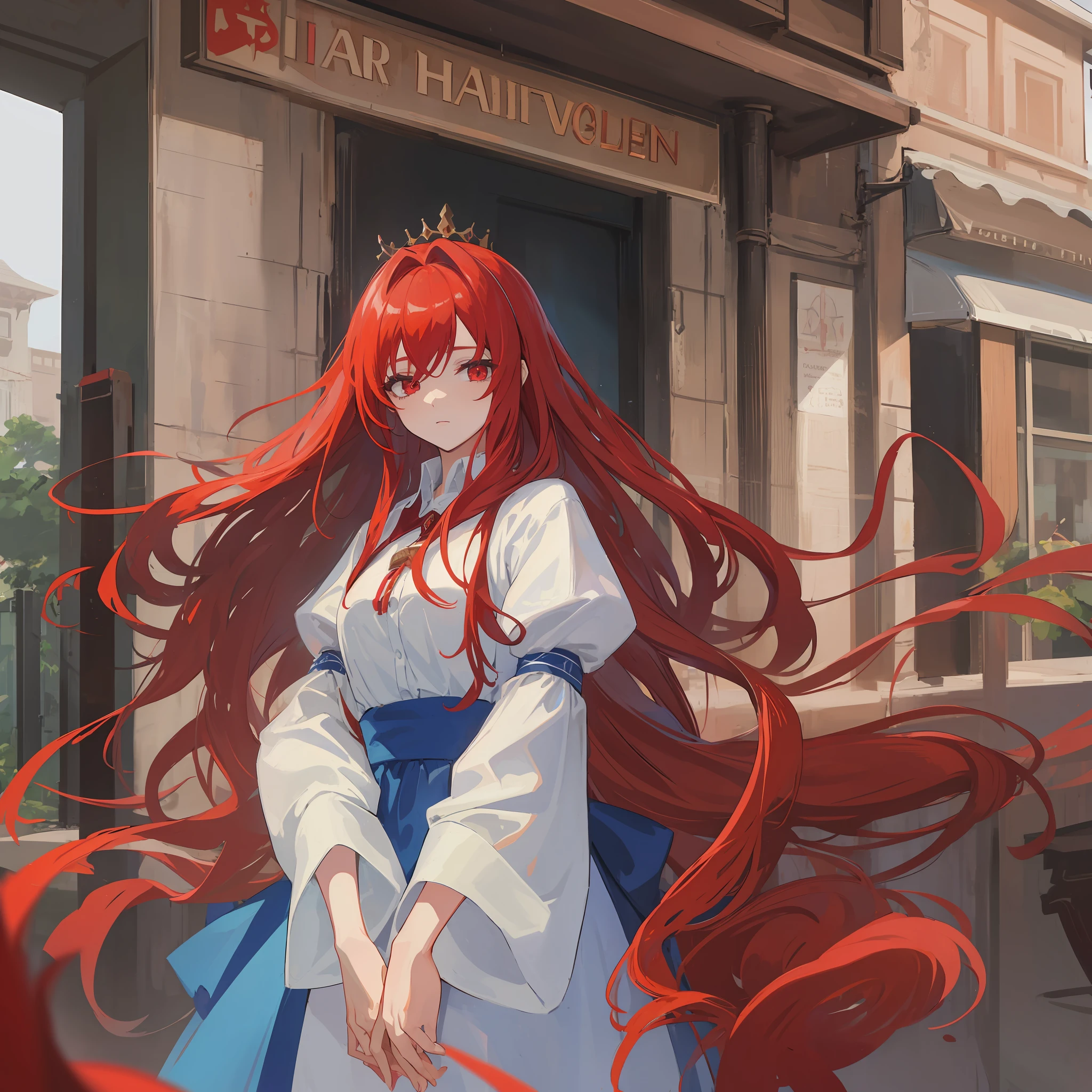 A queen of heaven, red flowing hair, red sharp eyes wearing casual cafeteria clothes, standing outside cafetaria look confused