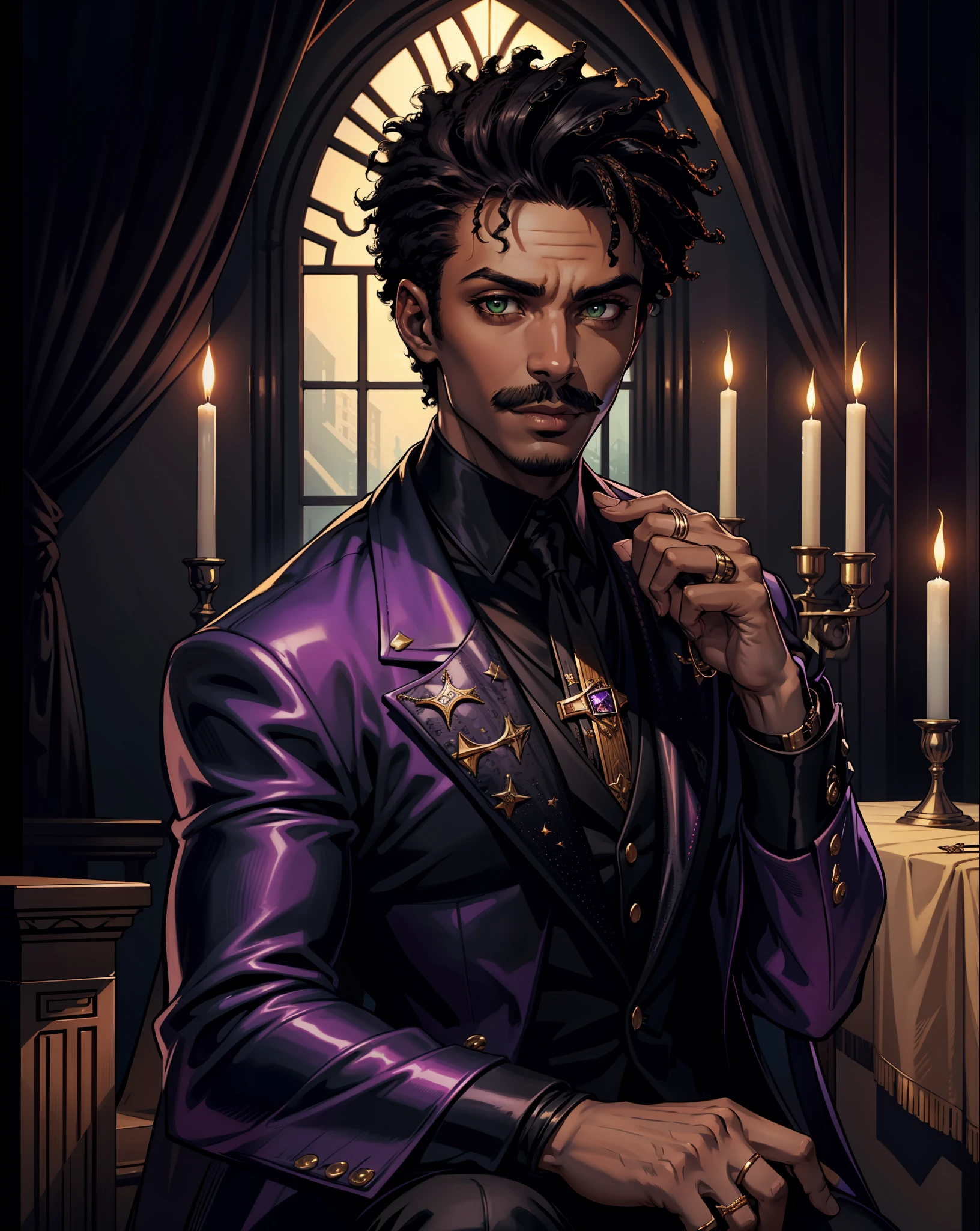 (extremely detailed 8k wallpaper), dark theme, Vampire the Masquerade, modern horror, 2020s, (((young black man))), wearing purple sequined suit, expensive jewelry rings, sharp focus, (subsurface scattering:1.1), award-winning photography, centered face, Bruno Mars face, ((a Follower of Set vampire)), half-body photo:1.1, extremely short black hair, black short mustache, reptilian green eyes:1.2, naughty smile, on an altar of an evangelical church at night, dramatic illumination