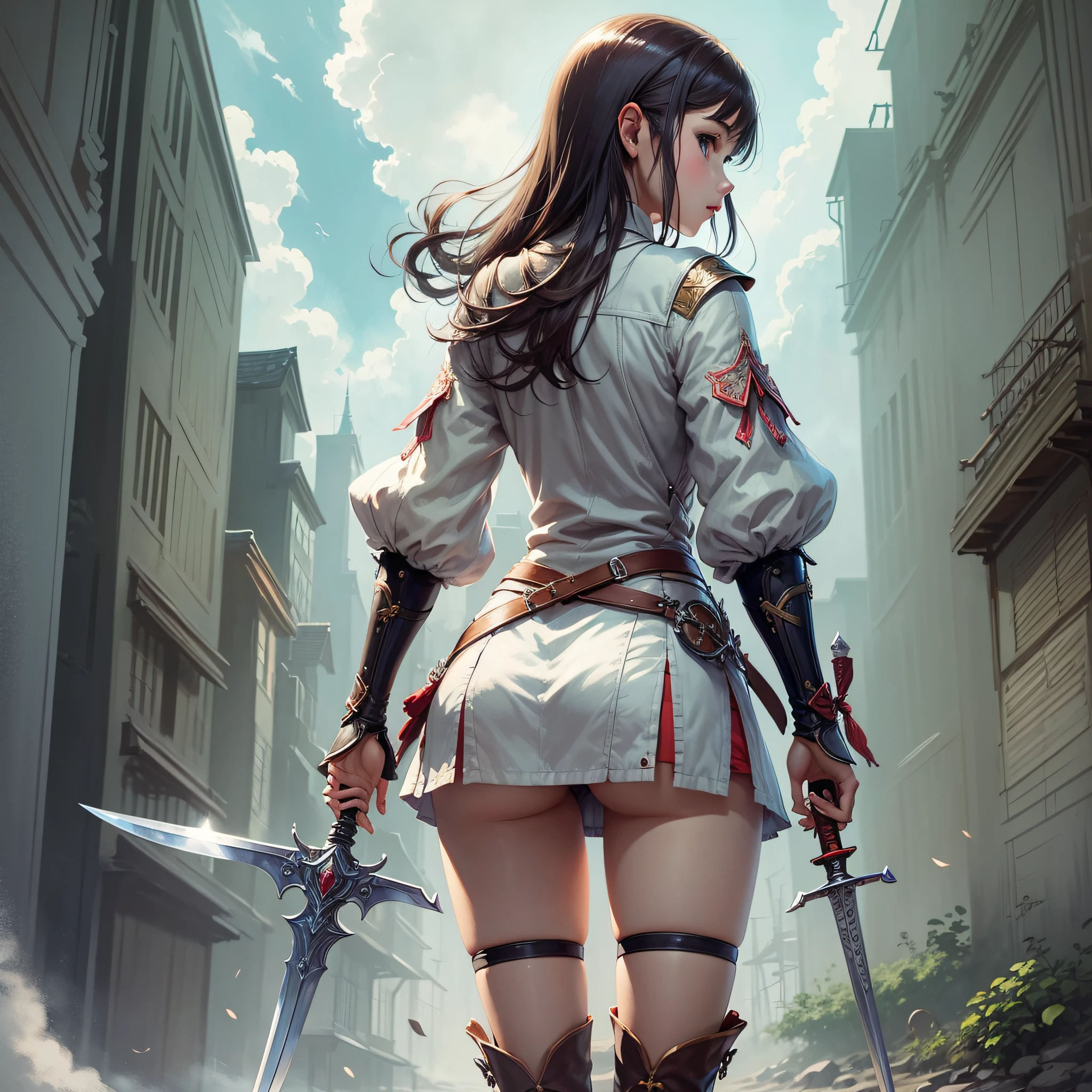 Top quality. Painting by Akihiko Yoshida. Hand drawn. Character design. Girl. A world of swords and sorcery. Miniskirt. Rear view. --auto --s2