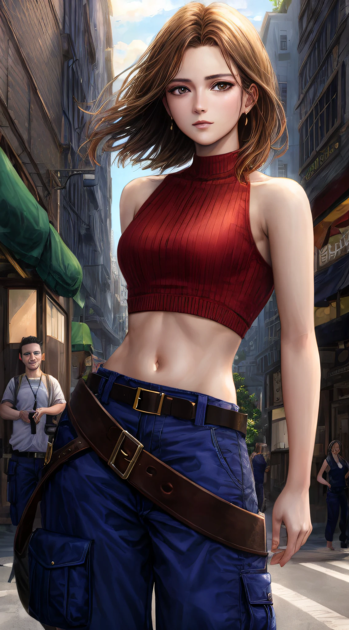 marimes, best quality, (beautiful), masterpiece, 1 female, physically rendered, thin waist, swollen eyes, daytime sunny, glowing skin, facing audience, determined expression, facing camera, red top, low-rise cargo pants, street background,