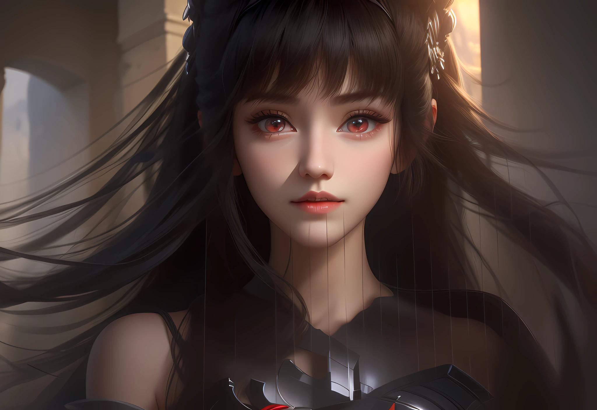 Masterpiece, 8k full hd, slim girl, realistic, big eyes, red eyes, black hair, long hair, hopeful dress that falls, obros a show, happy, thrilled, realistic image, highest quality, cinematic light, sensational, realistic artwork