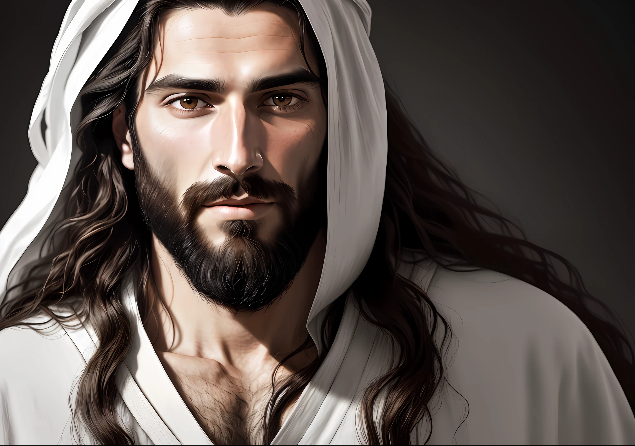 arafed man with long hair and beard wearing a white robe, portrait of jesus christ, jesus christ, jesus of nazareth, jesus face, handsome stunning realistic, digitally painted, painted in high resolution, ultra realistic digital painting, ultra detail. digital painting, jesus, detailed realistic face, beautiful man, realistic digital painting, photorealistic digital painting