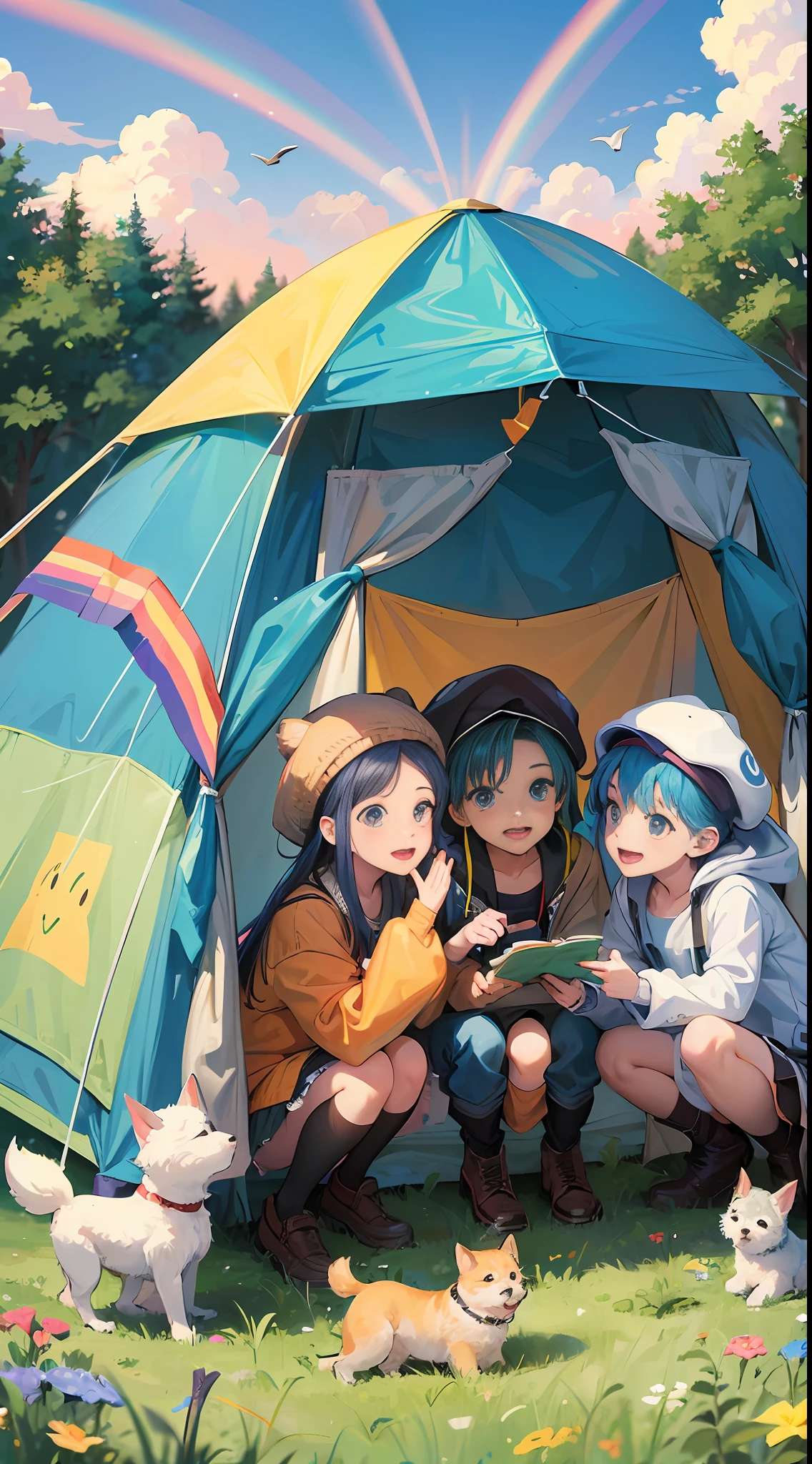 A group of kids get together, happy, pet dog, tent, RV, camping, meadow, blue sky, birds, anime cover, cute art style, multicolored hair, berets, UHD --auto --s2