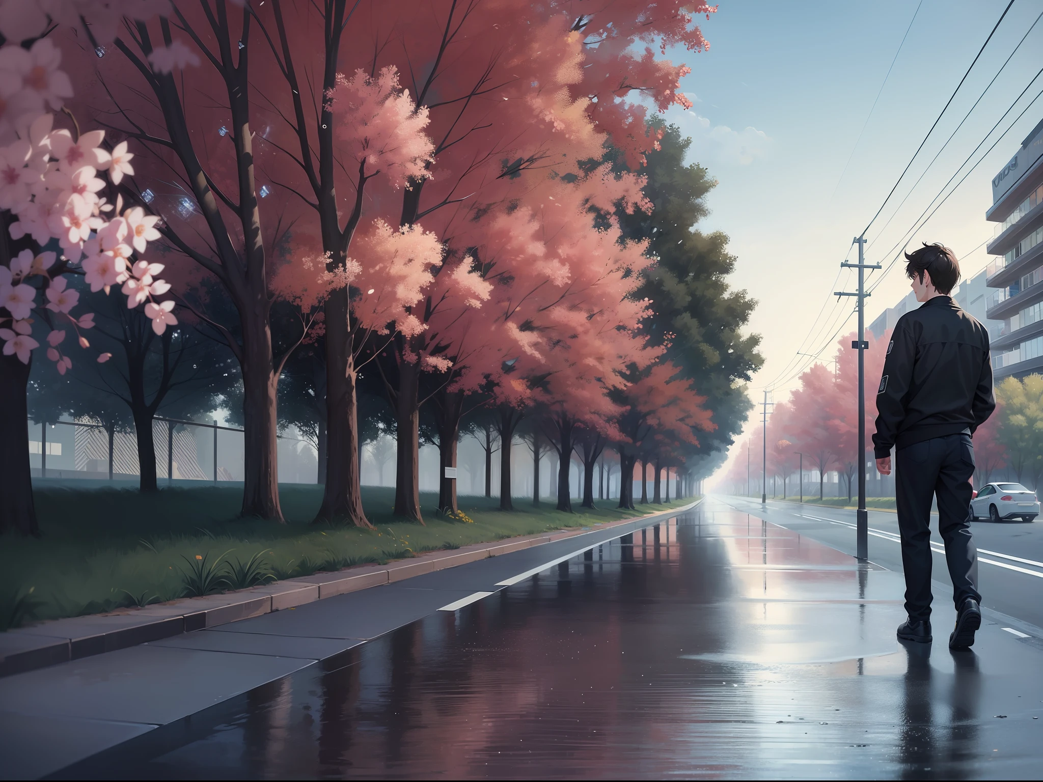 a female and a male, walkword to each other, wearing uniform, lonely, one side is full of light, one side is dark, rainny, around, trees are beside the road, poddle of water on the road, reflecting, clear face, polar opposites, symmetry, panorama, perspective, ray tracing, reflection light, depth of field, masterpiece, best quality, high details, high quality, textured skin, ccurate, UHD, HD
