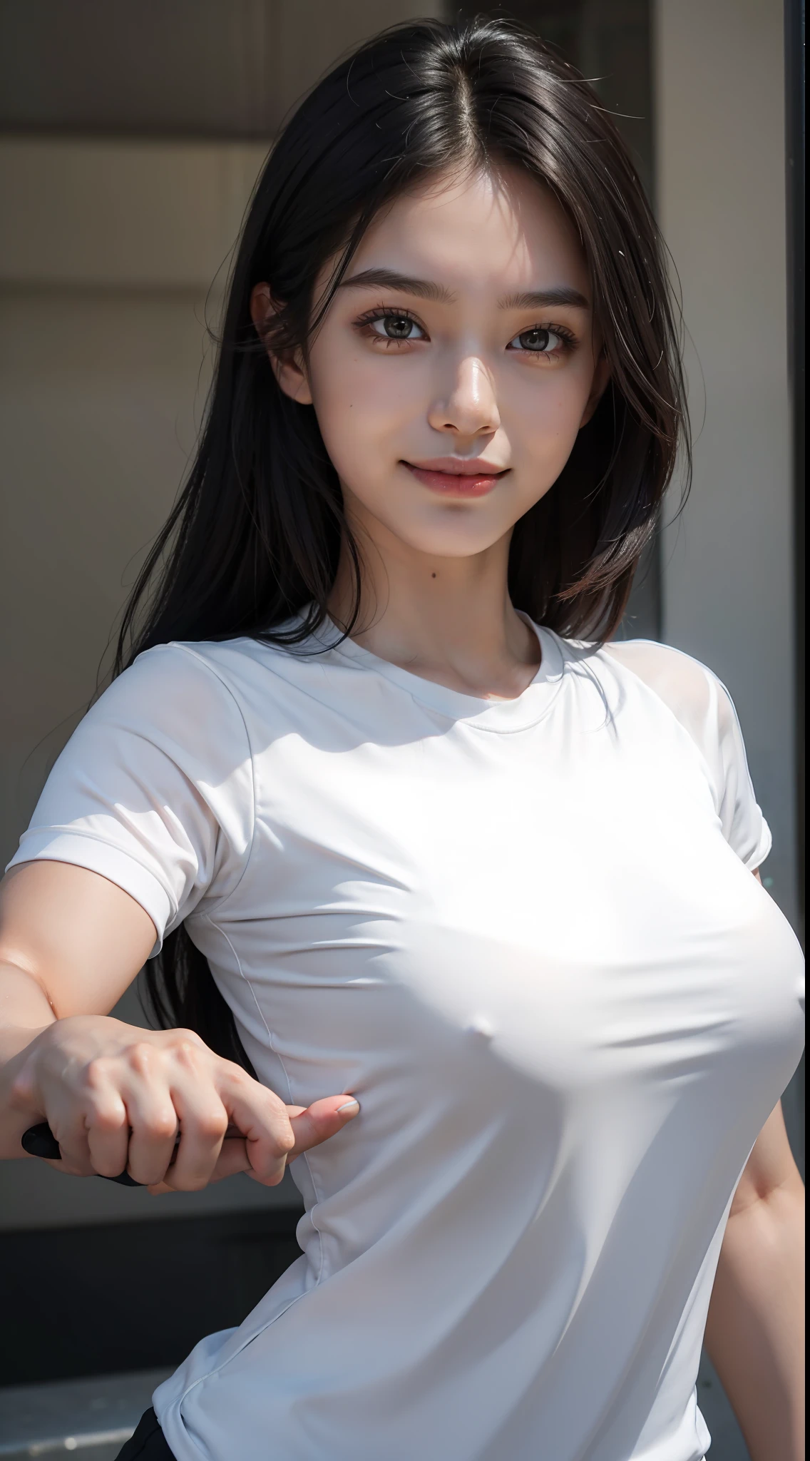 upper body, masterpiece, top quality, raw photo, photorealistic, big, face light, shiny skin, high resolution, ultra detail, detail, detailed eyes and face, sharp pupils, realistic pupils, sharp focus, shiny skin, smiling, black hair, sporty clothes, bob, rock-paper-scissors