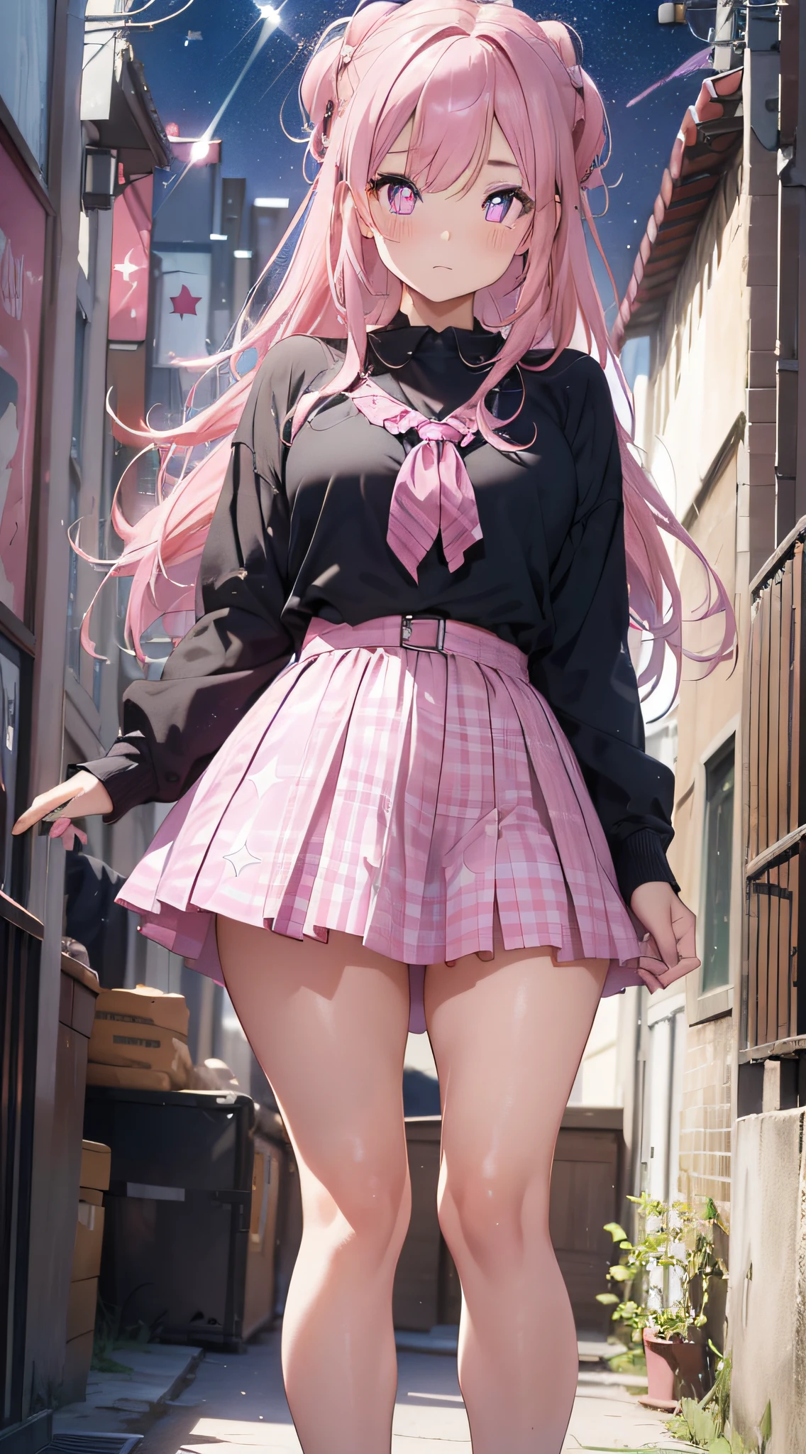 ((Masterpiece))), (Ultra detailed, top quality, high resolution, movie lighting, , 8k wallpapers, beautiful clothes,)), full body shots (one girl) ((pink hair, long hair, straight hair,tow sides up), green eye,eyeshadow, eyeliner, glow eyes, hyper detail eyes, complex eyes, beautiful eyes, best lighting, detailed eyes, ((star-shaped pupils, sparkling pink pupils)) 18-year-old girl. Wearing a gingham skirt.