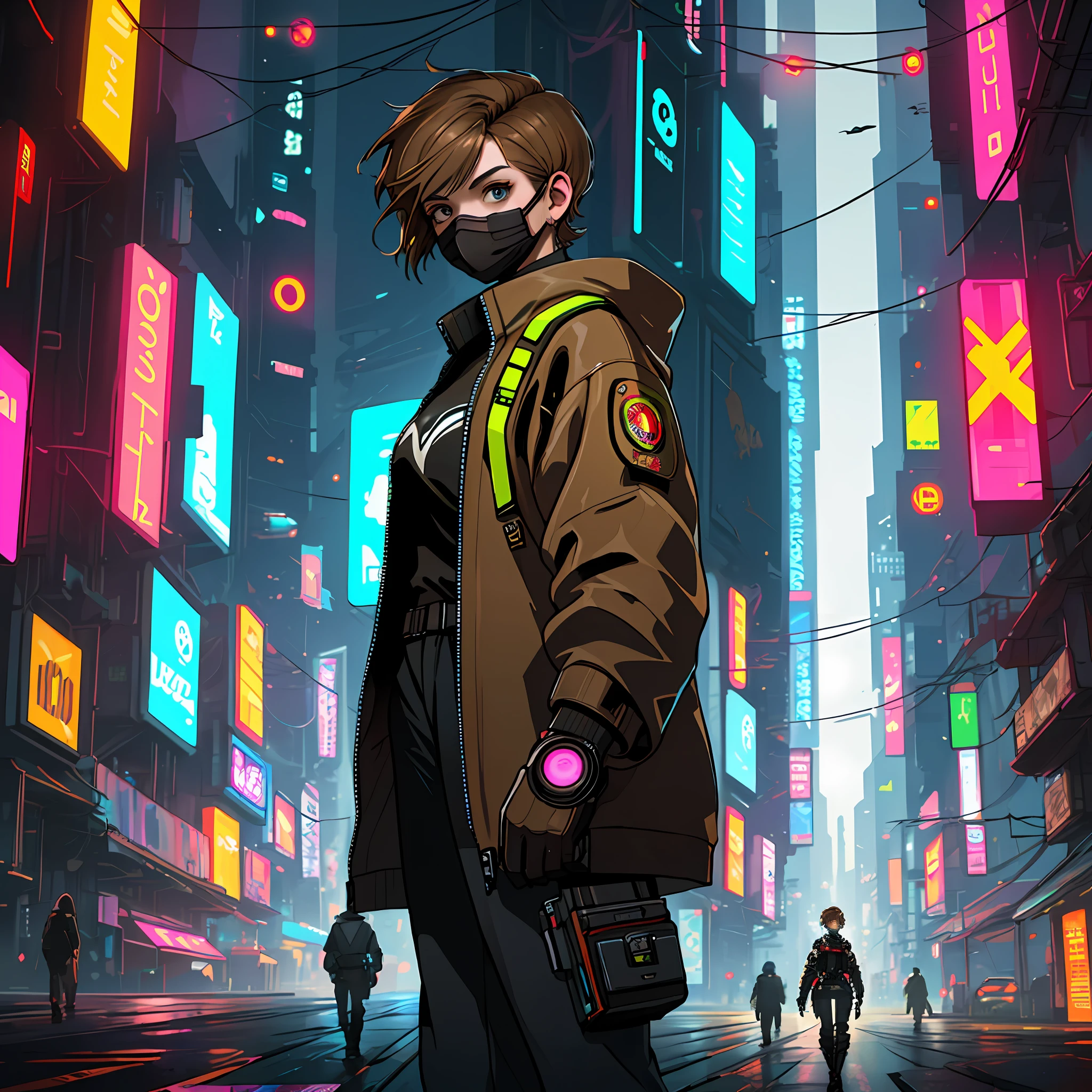 ((high quality)), ((masterpiece)), 8k, cyberpunk city, woman short hair, light brown hair, light brown eye, cyberpunk mask