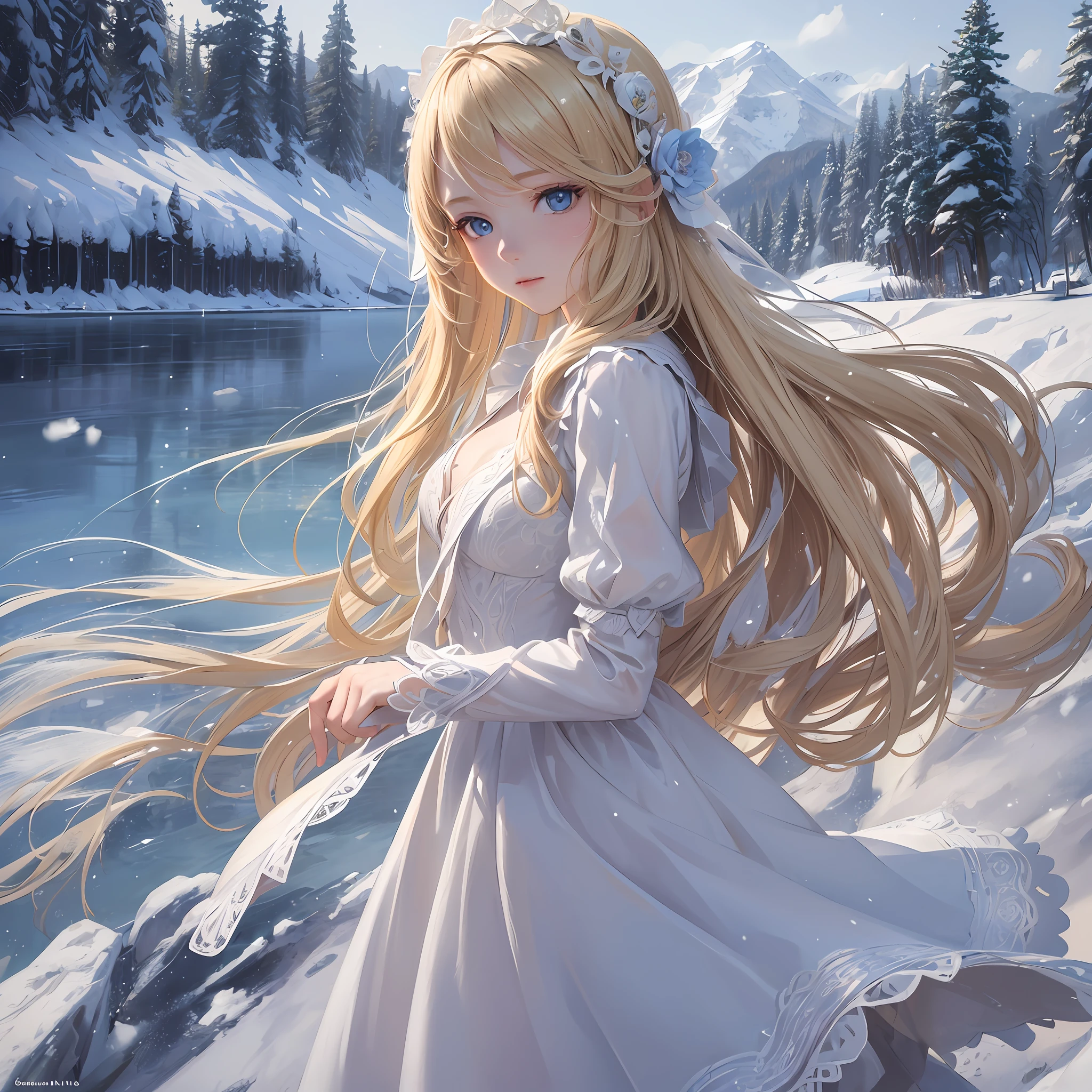 (masterpiece), (artwork), (direct linear lighting), (cinematic study lighting), (1girl), long blonde hair, (blue eyes), white skin, (scenery background of a beautiful lake, (she wears a dress), beautiful and kind of cold environment (snow falling slowly)
