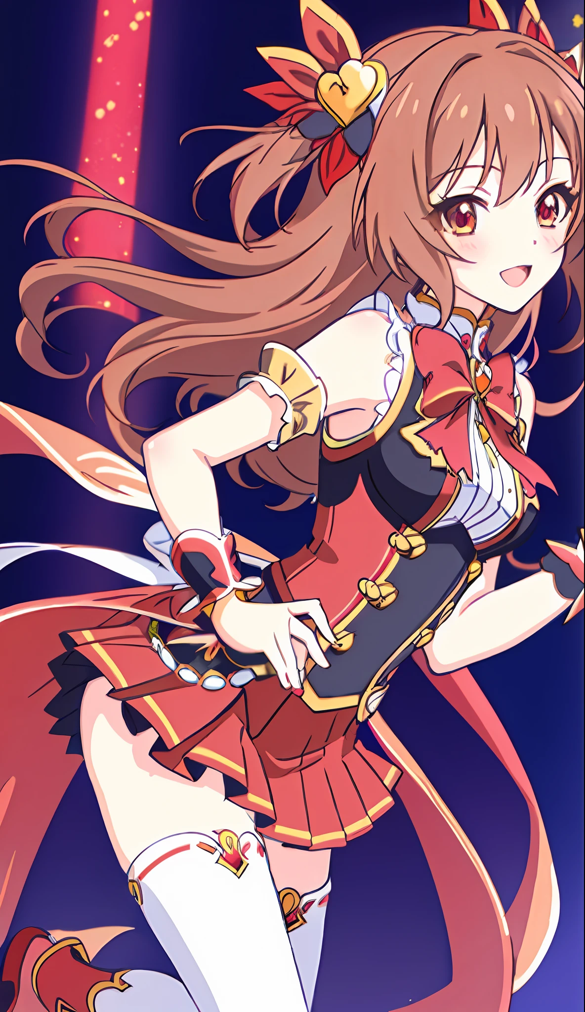 18 Love Beautiful Girl, Masterpiece, Top Quality, 8K Anime, Detailed Fingers, Precise Fingers, Unnatural Hands, Illustrations, 1 Girl, Solo, Brown Long Hair, Red Idol Costume, Red Mini Skirt, Red Sex Eyes, White Knee Socks, Nozomi,