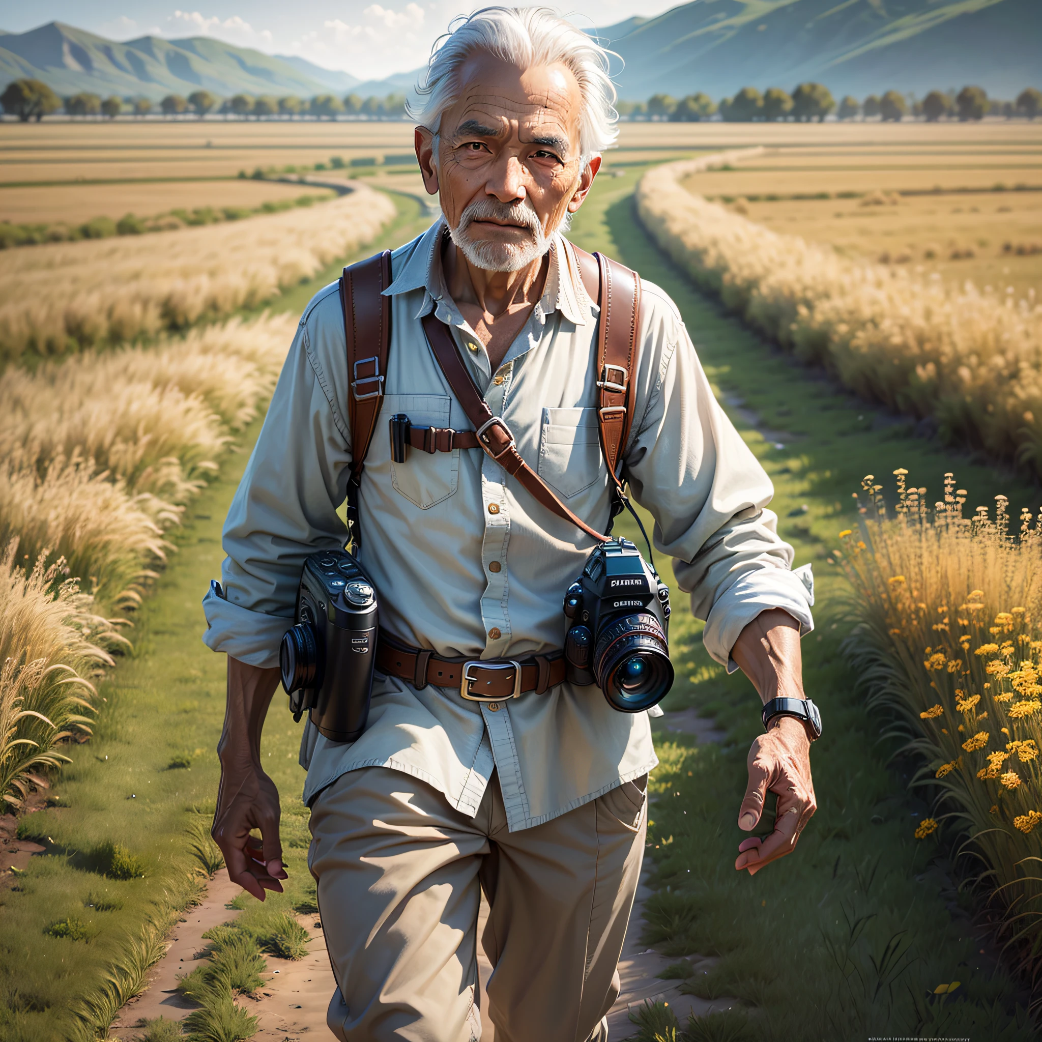 Super detail, best quality, super high resolution, photorealistic realism, sunlight, full body portrait, dynamic pose, delicate face, vibrant eyes, modern, male, age around 60 years old, photographer with DSLR camera on back, walking on vast grassland, detailed face --auto --s2