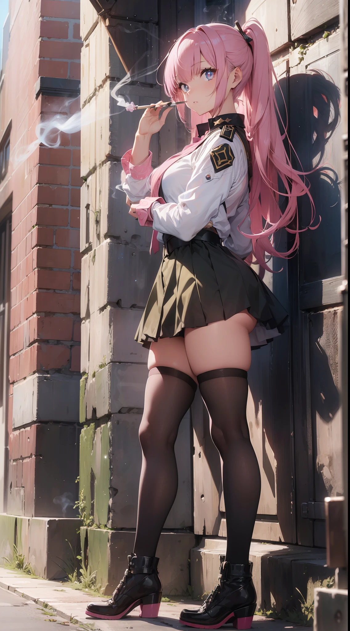 (masterpiece))), (super detailed, top quality, high resolution, movie lighting, 8k wallpapers, beautiful clothes,)), full body shot (one girl) (pink hair, long hair, straight hair, both sides up), green eyes, eyeshadow, eyeliner, glow eyes, hyper detail eyes, complex eyes, beautiful eyes, detailed eyes, (sparkling pink pupils)) 18 years old girl. ((wearing military uniform)). Crouch. Seen from the side. (Smoking). Battlefield.