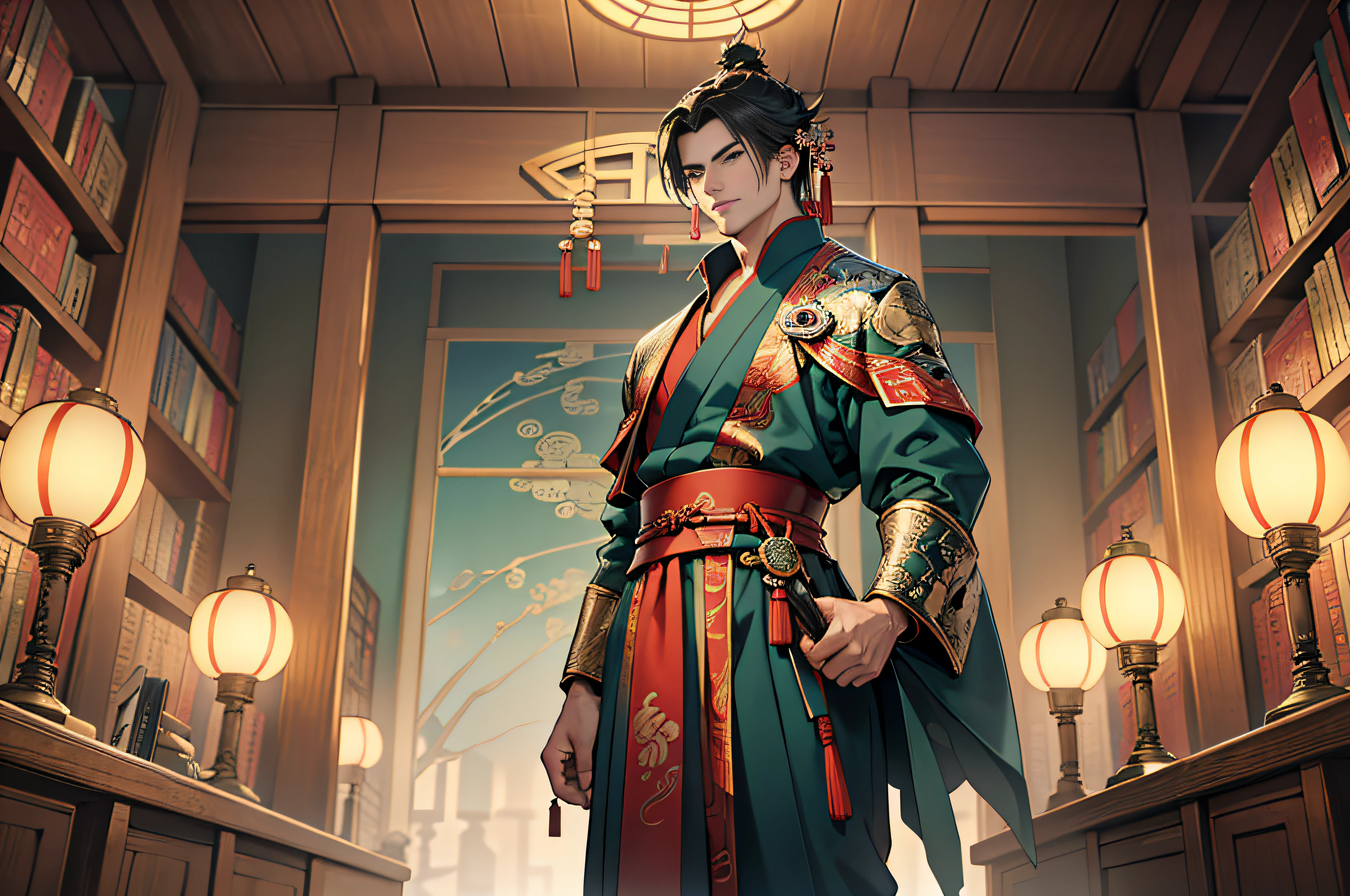 Best quality, masterpiece, high resolution, 1boy, ancient Chinese, 18 years old, samurai head, tall, gorgeous jewelry, lots of ornaments, high toes, arrogant, standing, clear face, no stubble, green exercise clothes, rows, bookshelf, library cabinet, 4k, 8k. Chinese ancient style. (High Detail Skin: 1.2), 8K UHD, DSLR, Soft Light, High Quality, Volumetric Light, Voyeur, Photo, High Resolution, 4K, 8K.