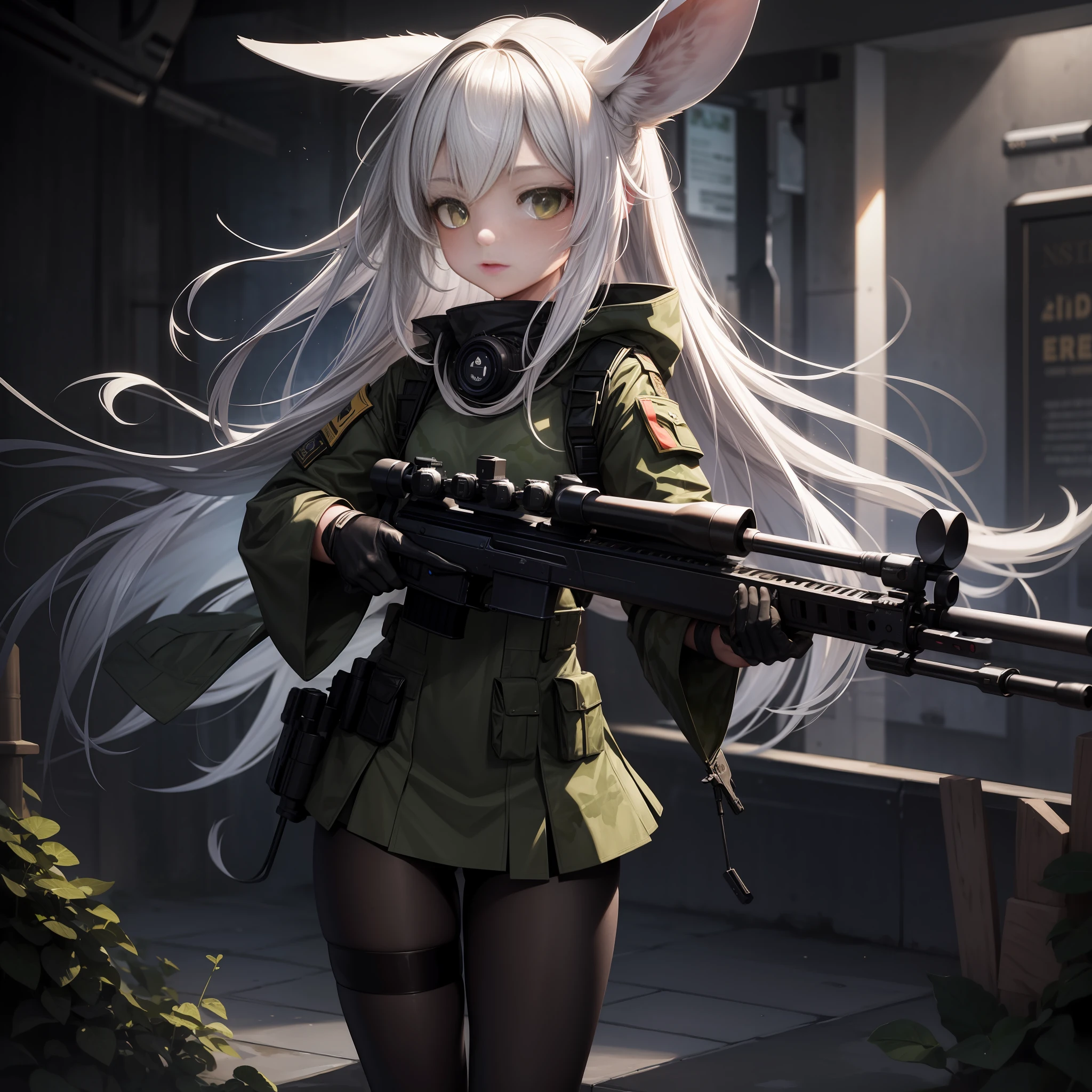 masterpiece, best quality, ultra-detailed, 1girl, solo, looking at viewer, rabbit girl, rabbit ears, white hair, long hair, green eyes, sweaty skin, freckled, green camo military uniform, sniper rifle, loli, skinny, flat chest, holding a sniper rifle, short height, black pantyhose, wet skin