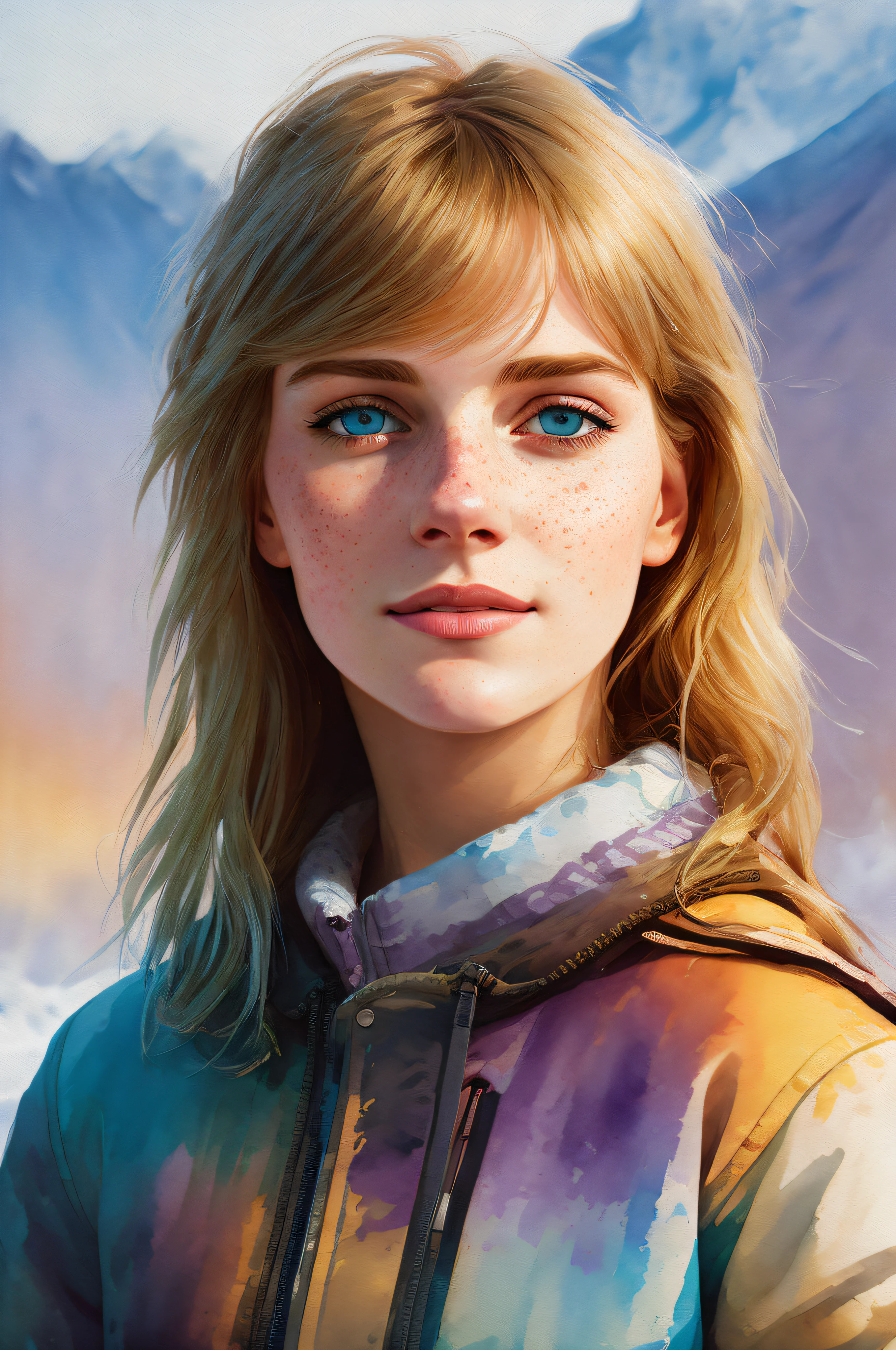 Portrait of ilya kuvshinov and annie leibowitz beautiful smiling woman with some freckles, snow covered mountain landscape background. synthwave watercolor on canvas trends artstation dramatic lighting abstract expressionism pastel tones (HD) golden ratio detail aesthetics octane rendering excellent composition natural texture 8k oil painting masterpiece Canon eos r4s 50