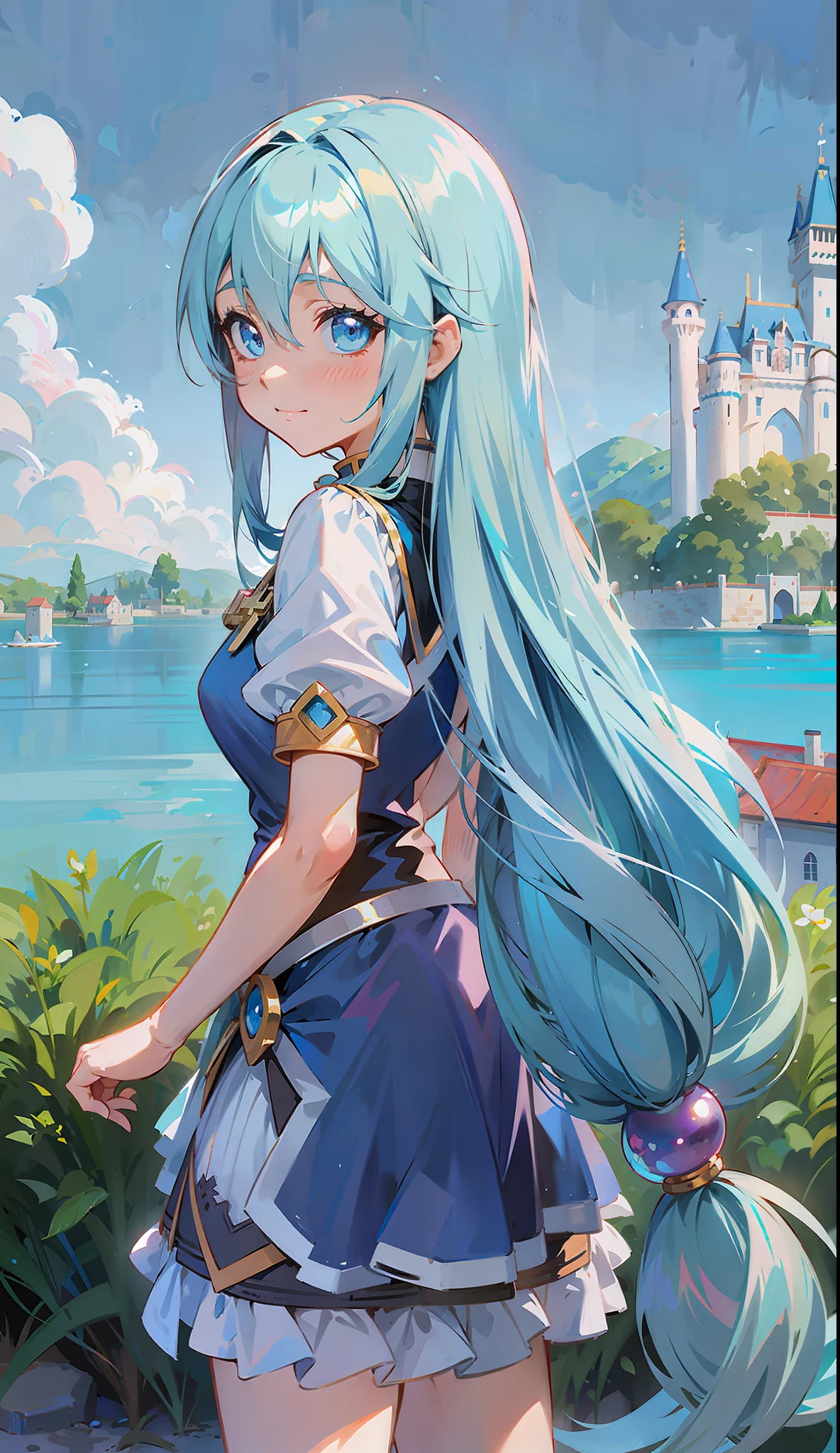 anime girl with long blue hair and a blue dress standing in front of a castle, aqua from konosuba, anime visual of a cute girl, made with anime painter studio, anime girl with long hair, official anime artwork, anime visual of a young woman, official art, detailed key anime art, high detailed official artwork, light novel cover art, official artwork hdr
