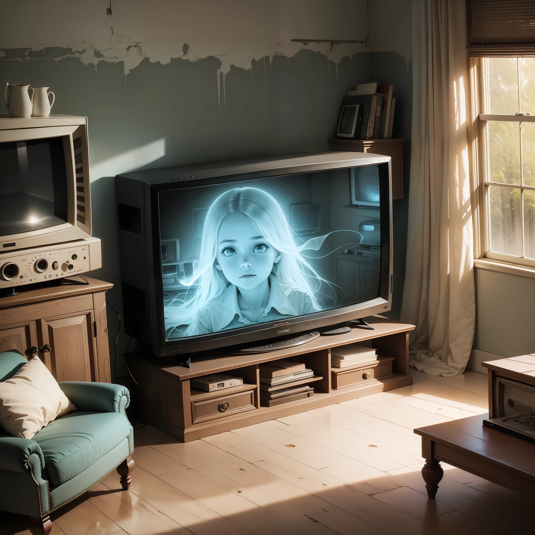 An old television with the image of a spirit appearing inside in an old room with dim lights around the television