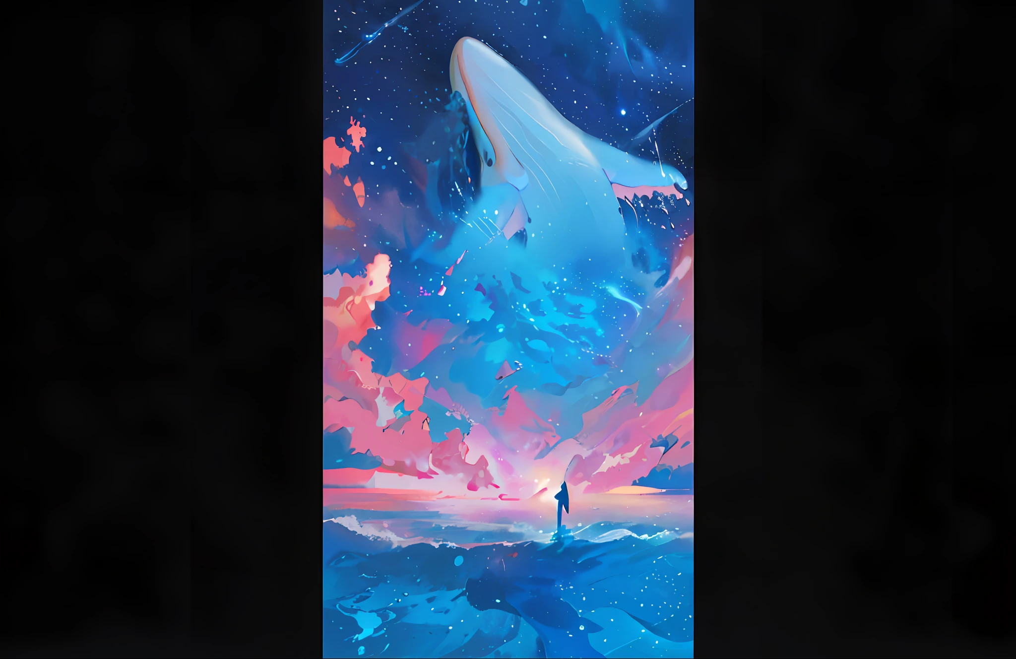 there is a man standing on a beach with a whale in the sky, sky whales, makoto shinkai cyril rolando, space magical whale, inspired by Cyril Rolando, dreamlike digital painting, galaxy whale, space whale, in style of cyril rolando, dreamy illustration, 4 k hd illustrative wallpaper, cosmic skies. by makoto shinkai, flying whale