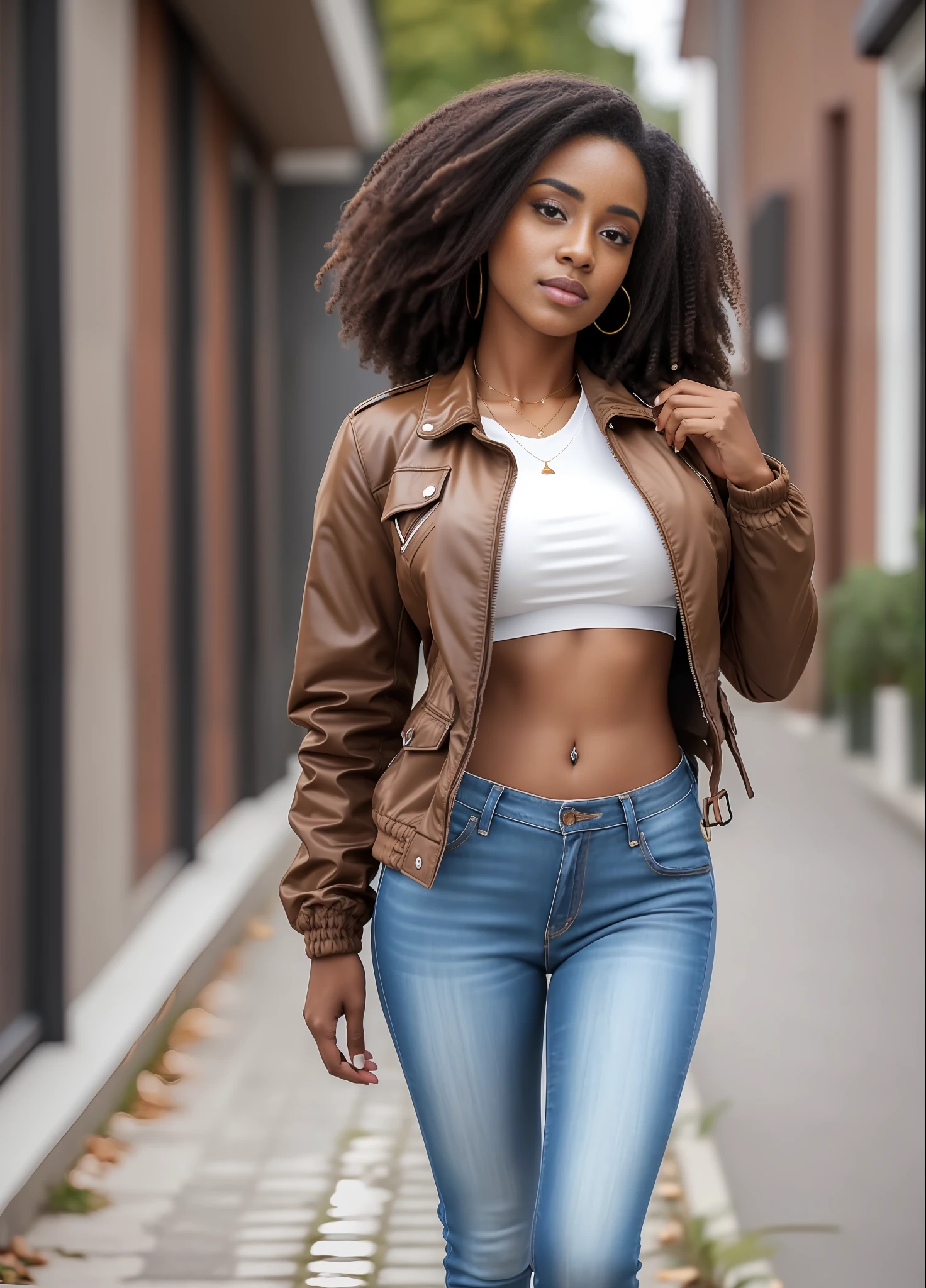 masterpiece, realistic, chilly woman, brown skin, dark brown curly hair, wearing a jacket, best quality, in full growth, medium breasts, medium ass, full body, in full growth