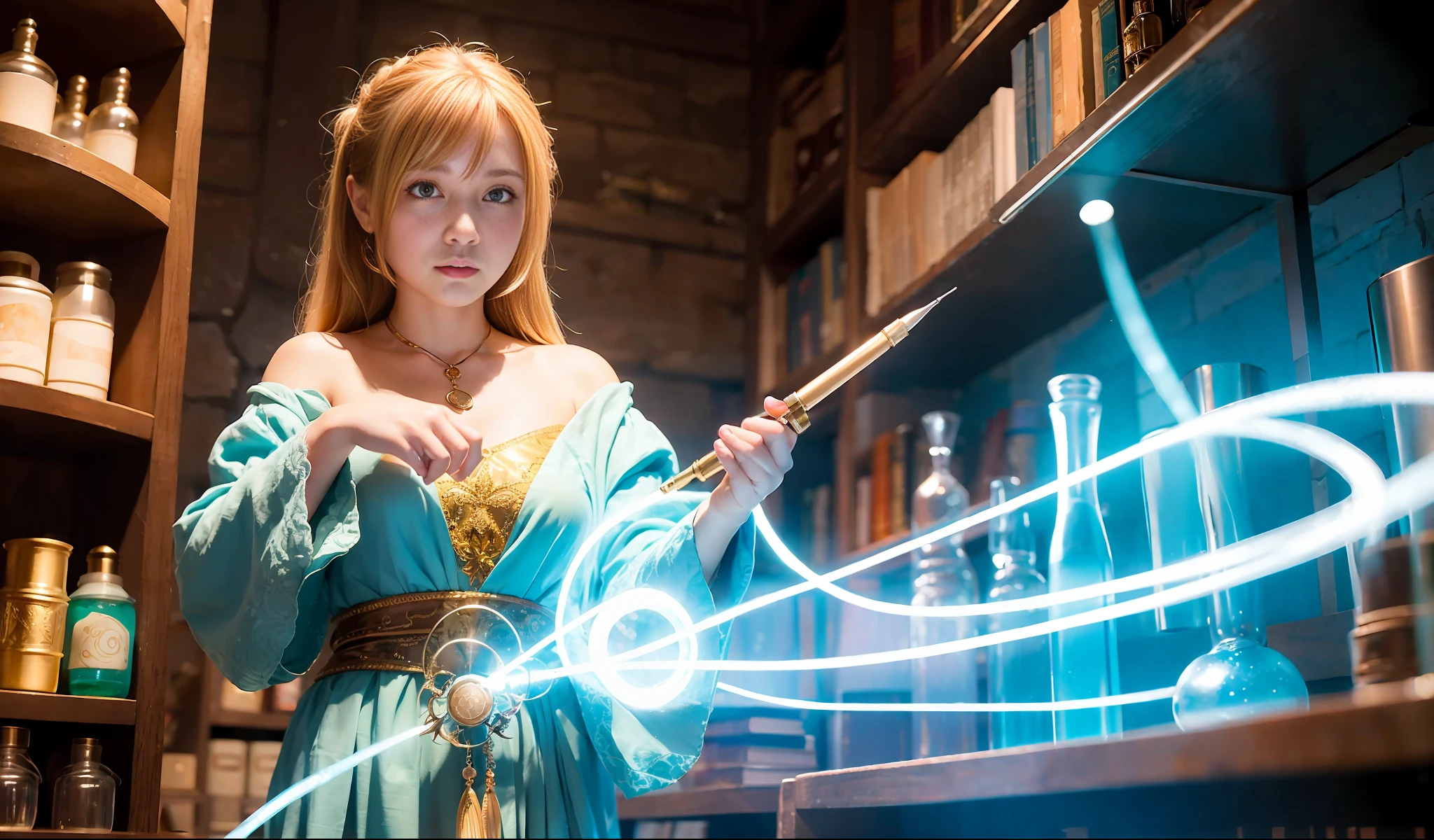 The character is an alchemist, gripping a magic wand, clad in a robe, studying alchemical schematics, and holding a potion vial. Her expression is one of concentration. BREAK Set in the universe of dazzling alchemy, the location is an alchemy lab, featuring a bookshelf, magical ingredients, old parchments, and a magical globe. BREAK The atmosphere is mystical, captured through a soft focus, flare effect, warm tones, and shadow effect.